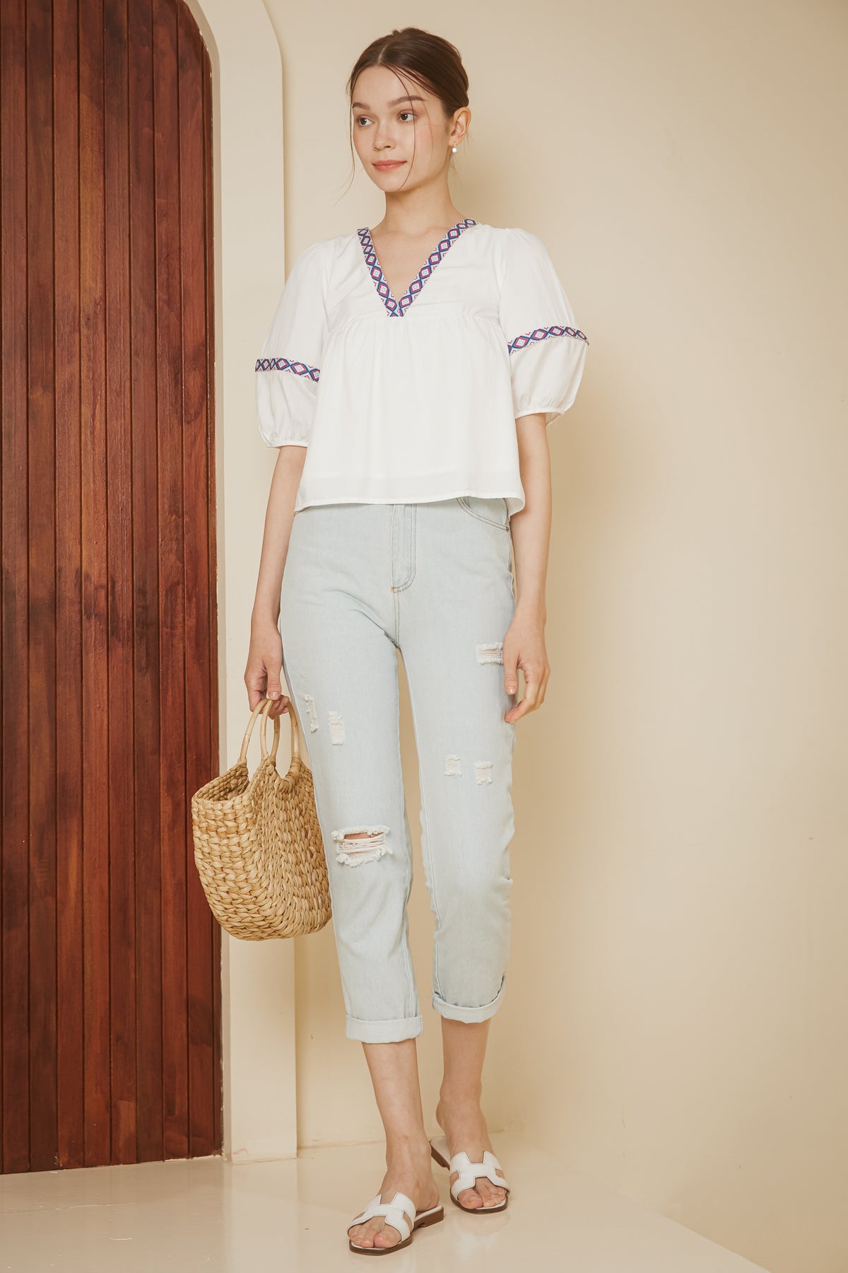 Tribe Balloon Sleeves Top in White