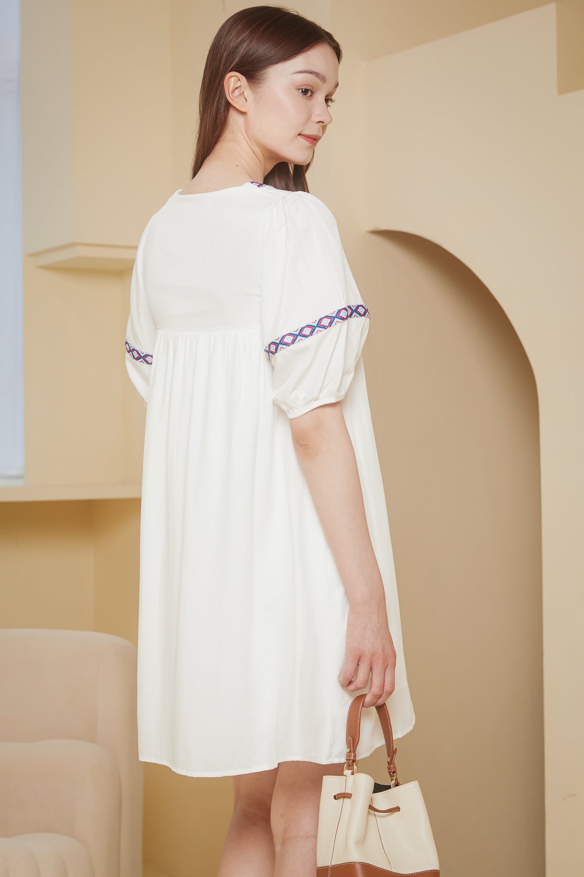 Tribe Balloon Sleeves Dress in White