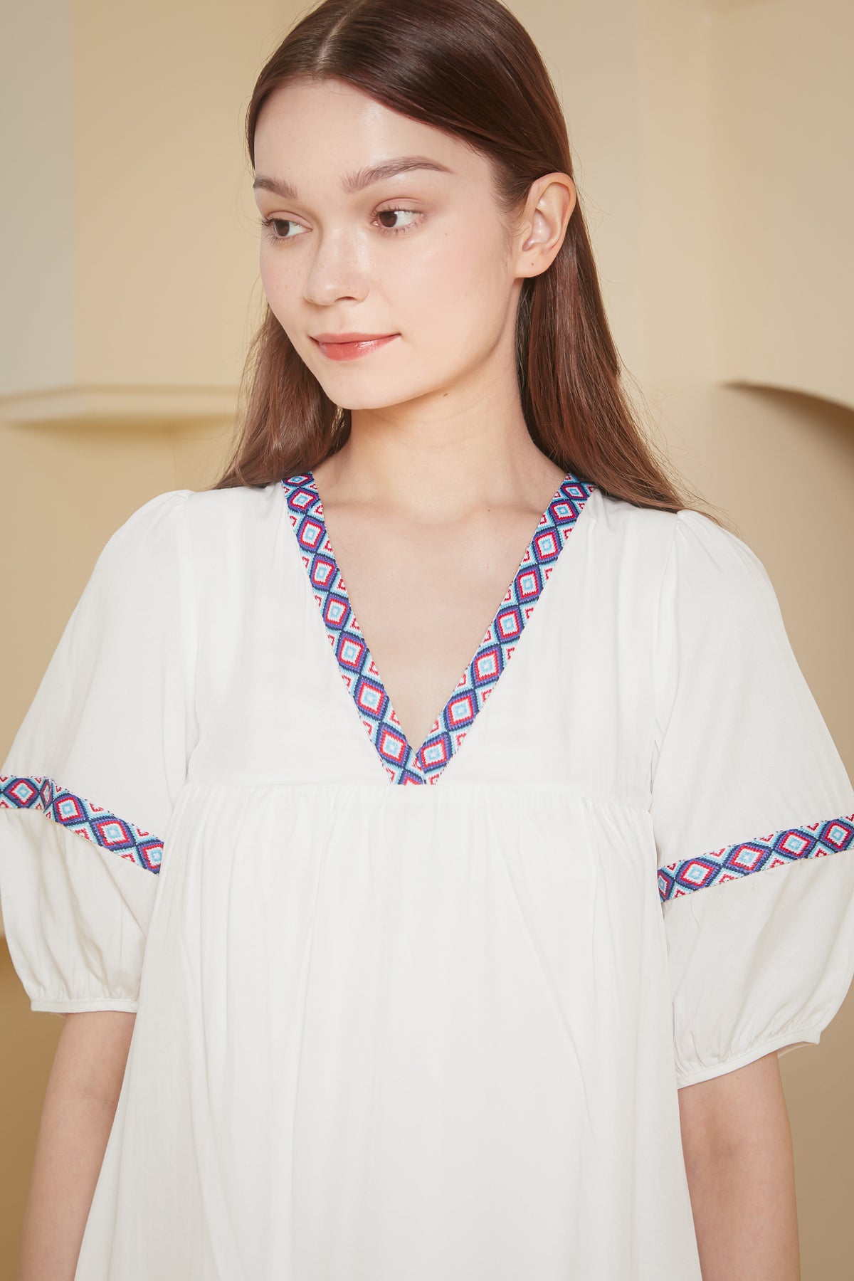 Tribe Balloon Sleeves Dress in White