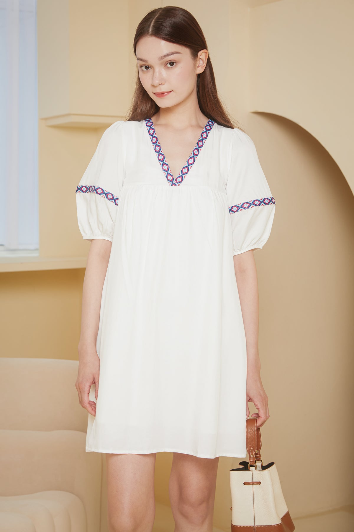 Tribe Balloon Sleeves Dress in White