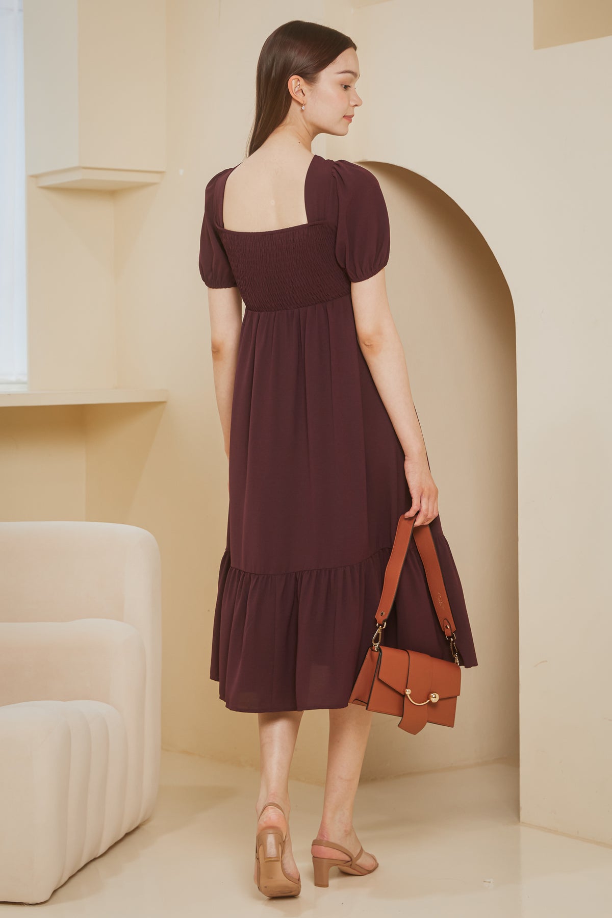 Twist Smocked Reversible Dress in Burgundy