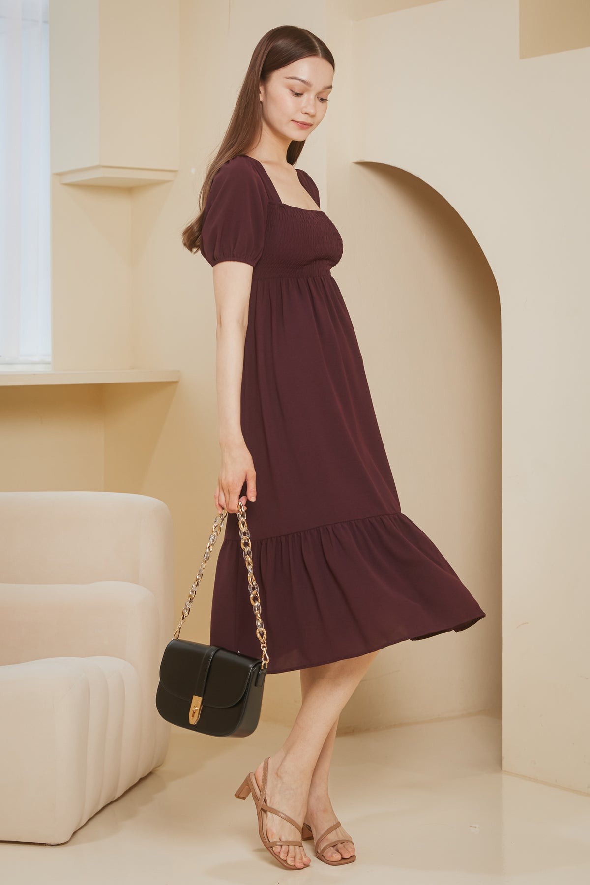 Twist Smocked Reversible Dress in Burgundy
