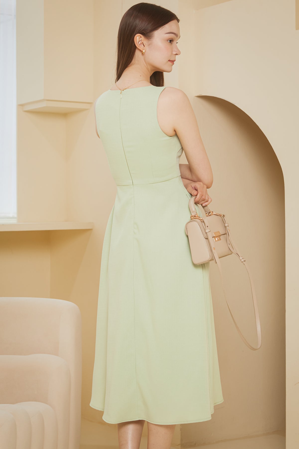 V-Neck Tweed Midi Dress in Apple Green