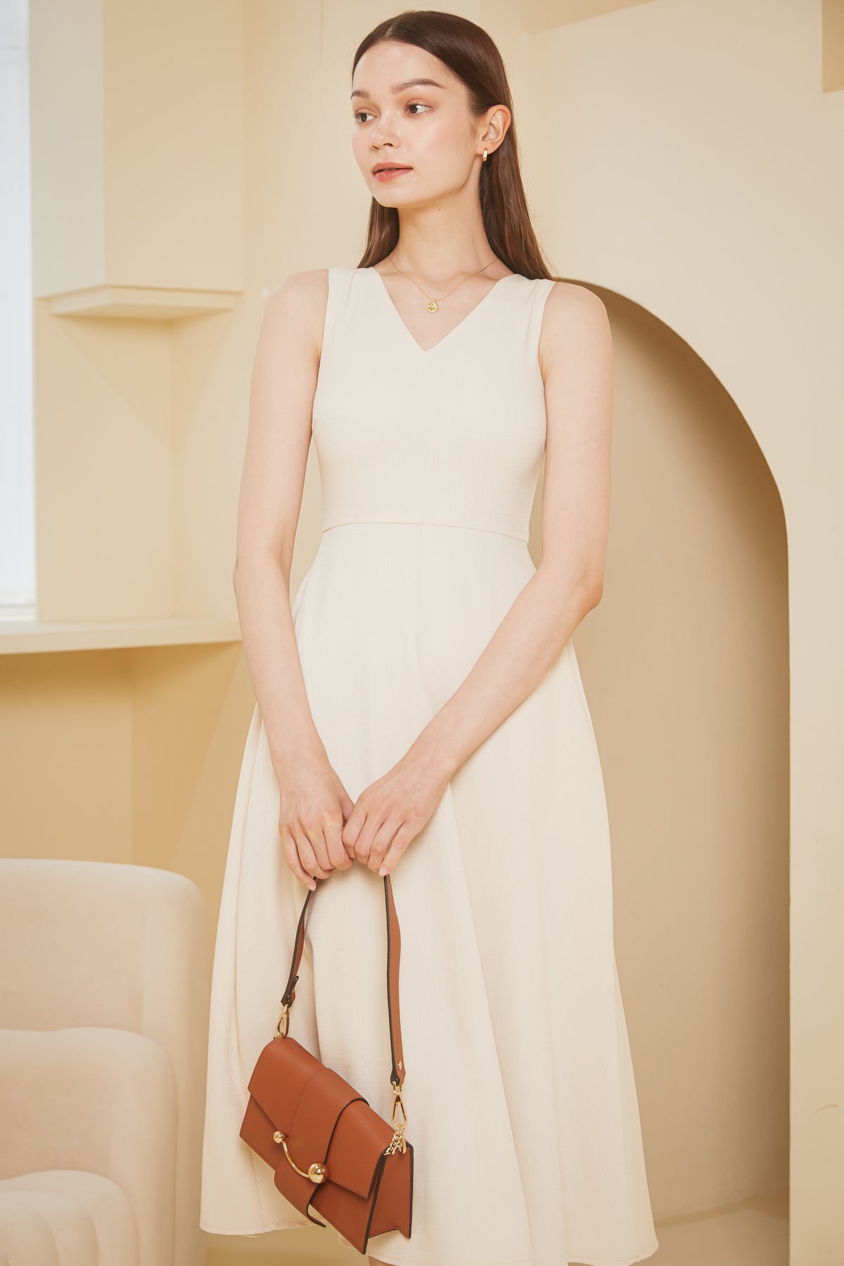 V-Neck Tweed Midi Dress in Cream
