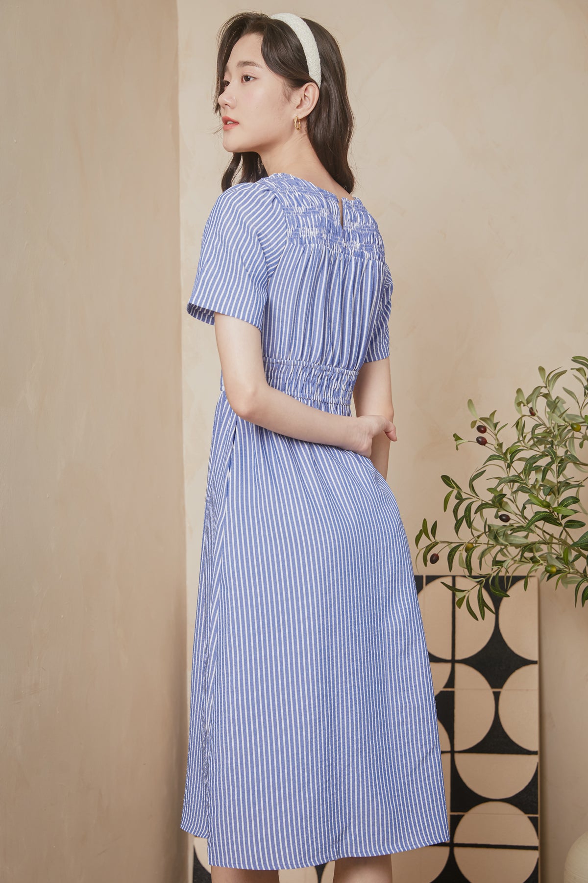 Get Cruising Smocked Stripes Dress in Dark Blue