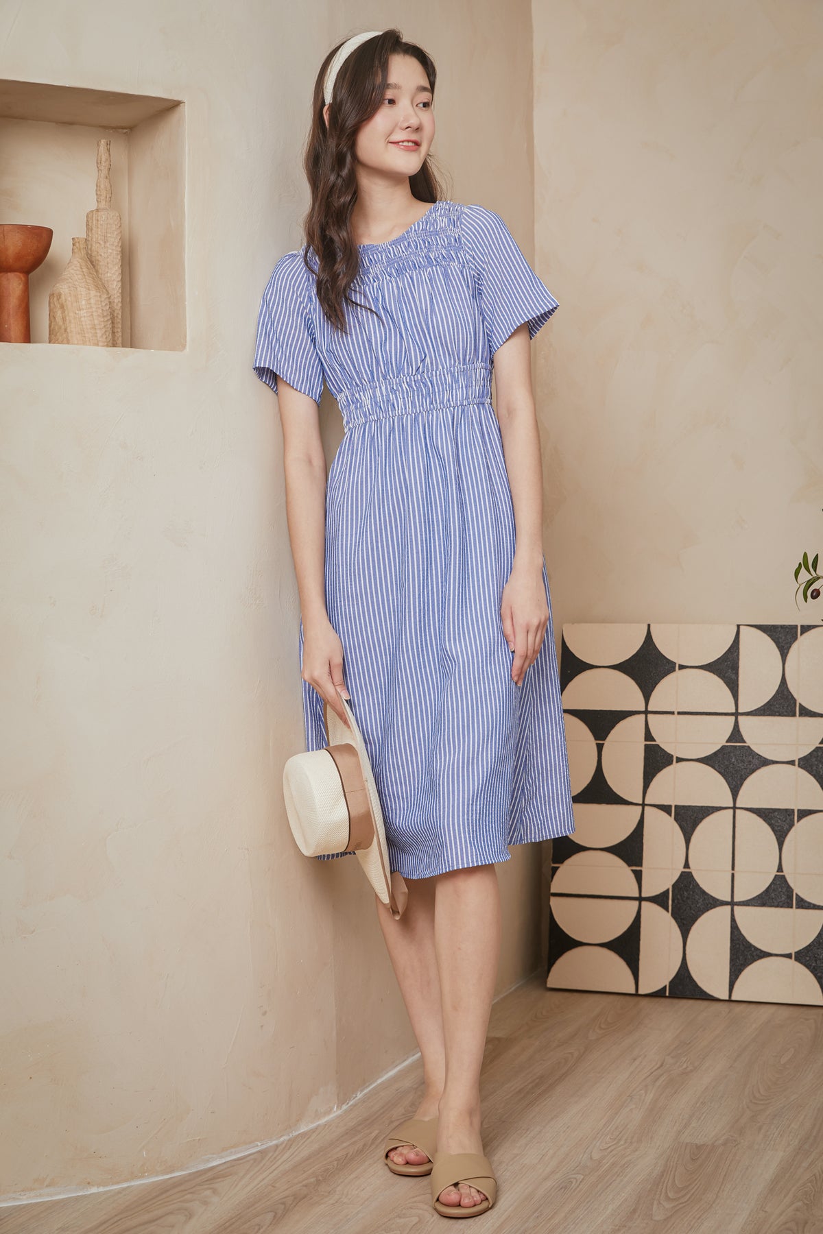 Get Cruising Smocked Stripes Dress in Dark Blue