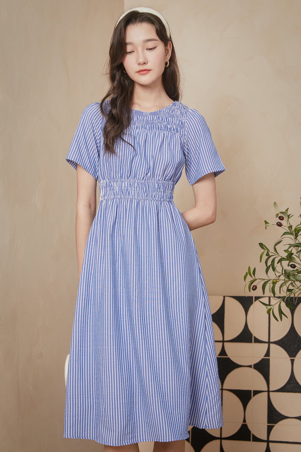 Get Cruising Smocked Stripes Dress in Dark Blue
