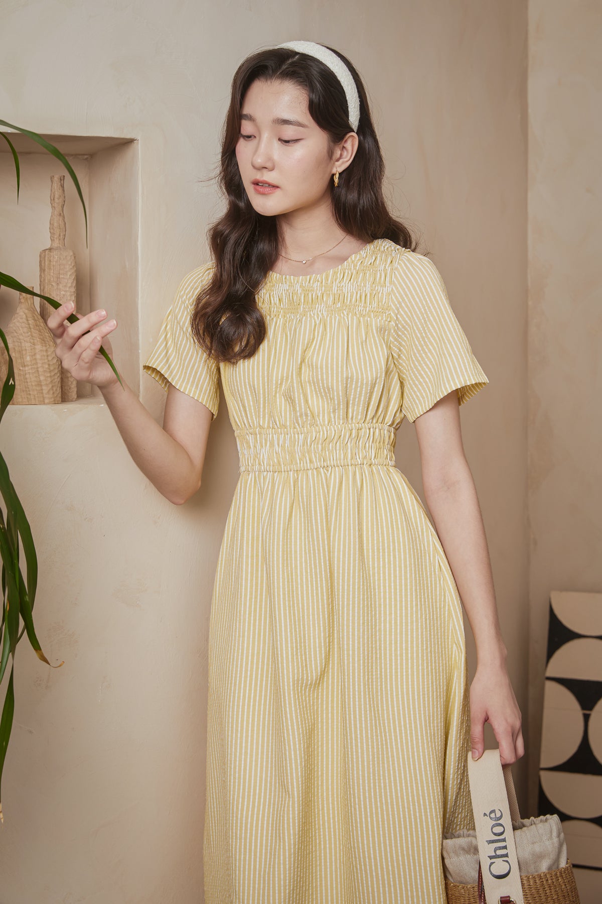 Get Cruising Smocked Stripes Dress in Yellow