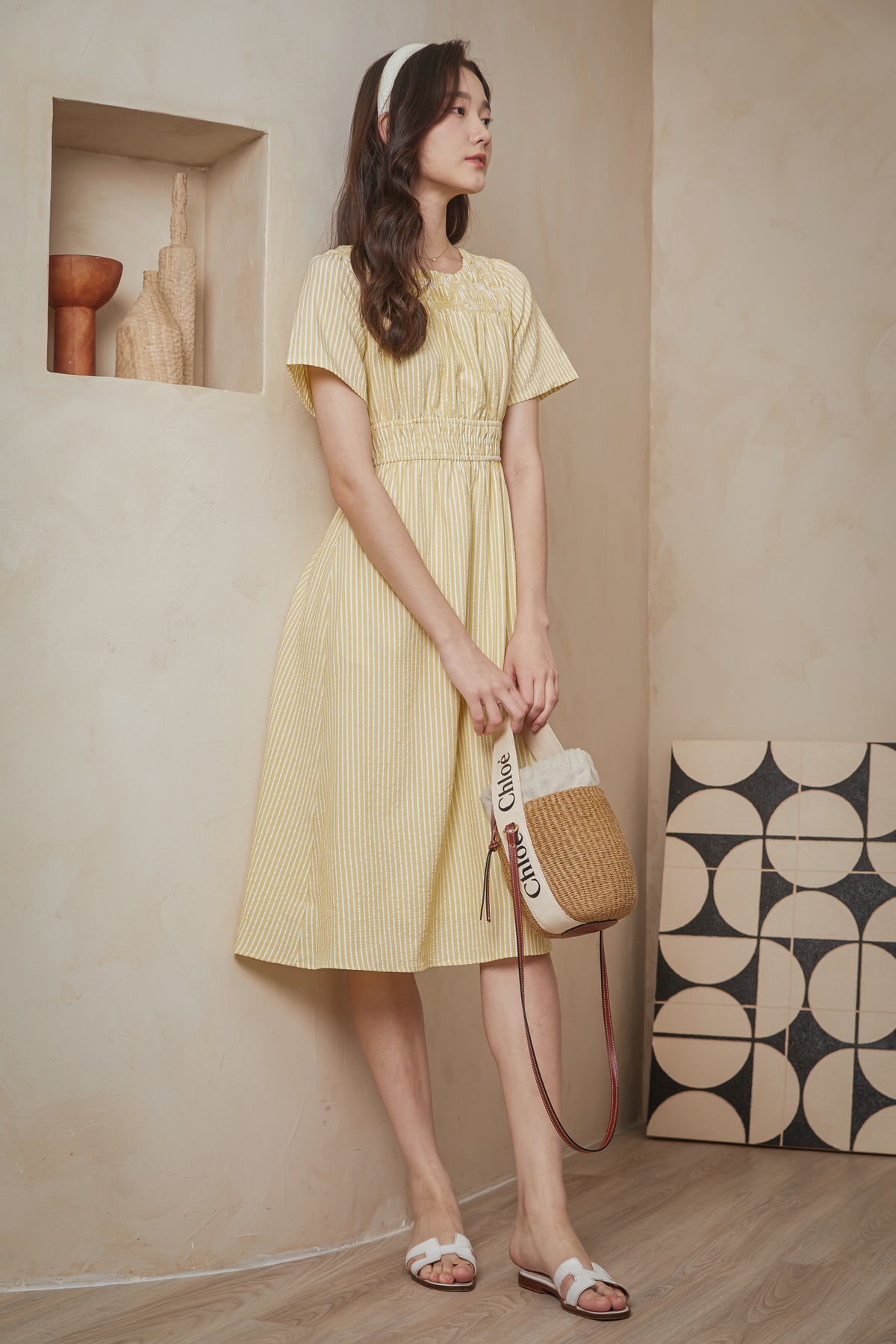 Get Cruising Smocked Stripes Dress in Yellow