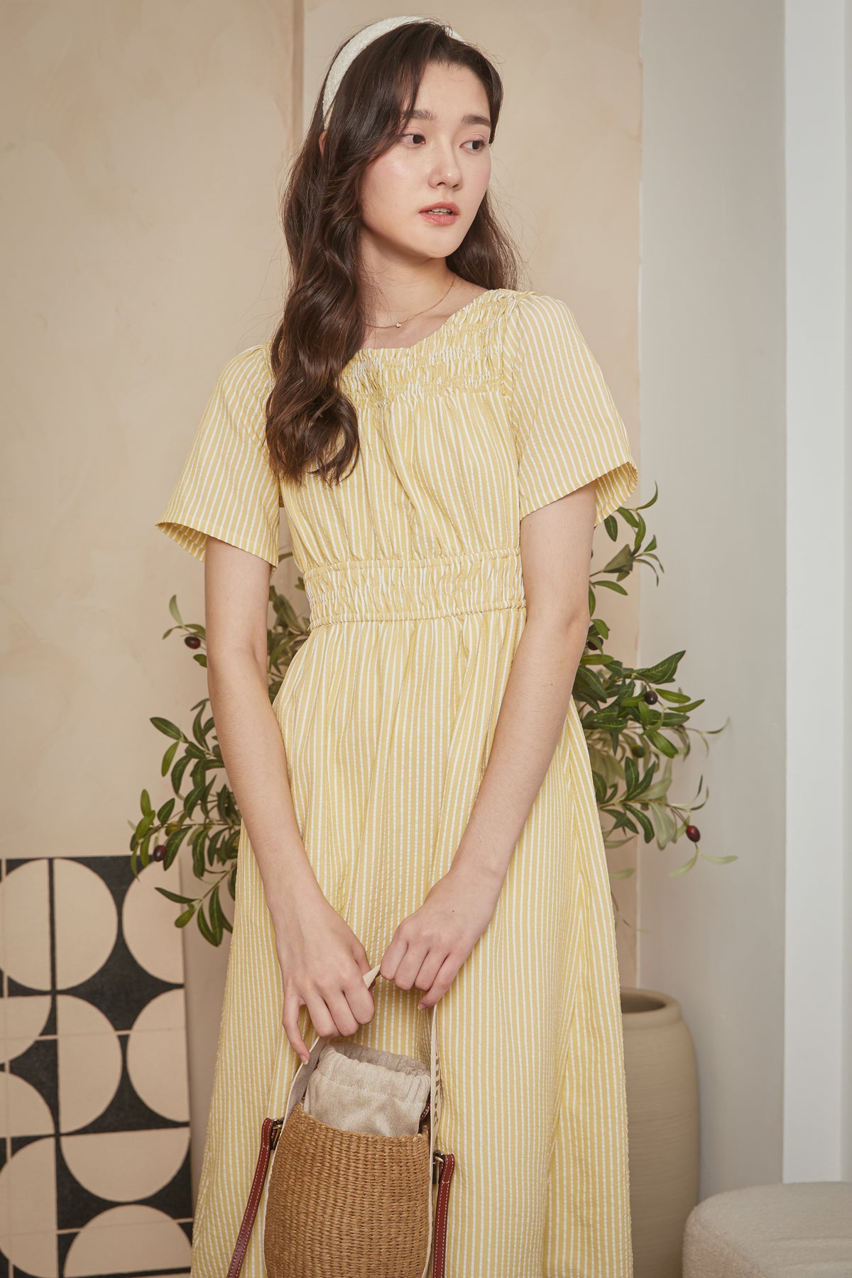 Get Cruising Smocked Stripes Dress in Yellow