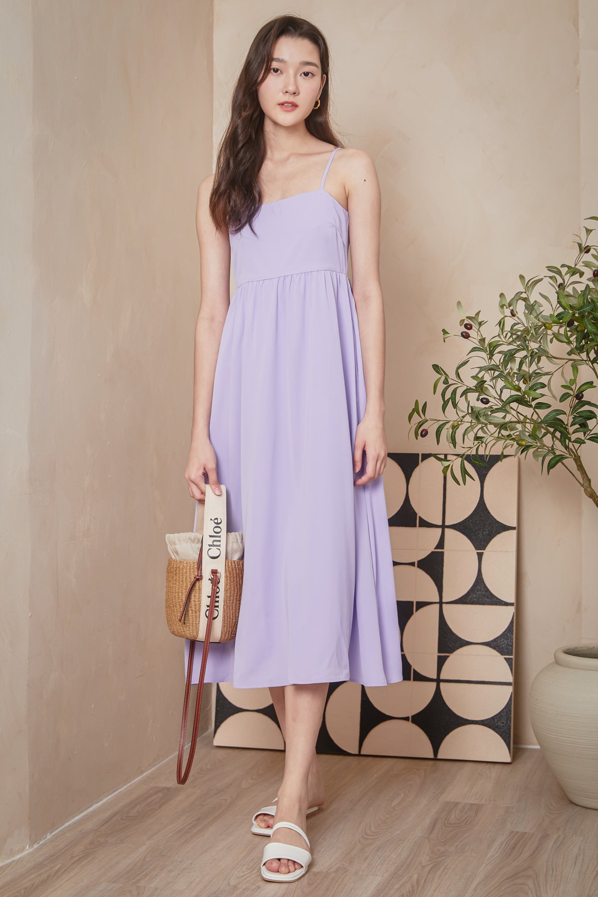 Plain Strappy Midi Dress in Lilac