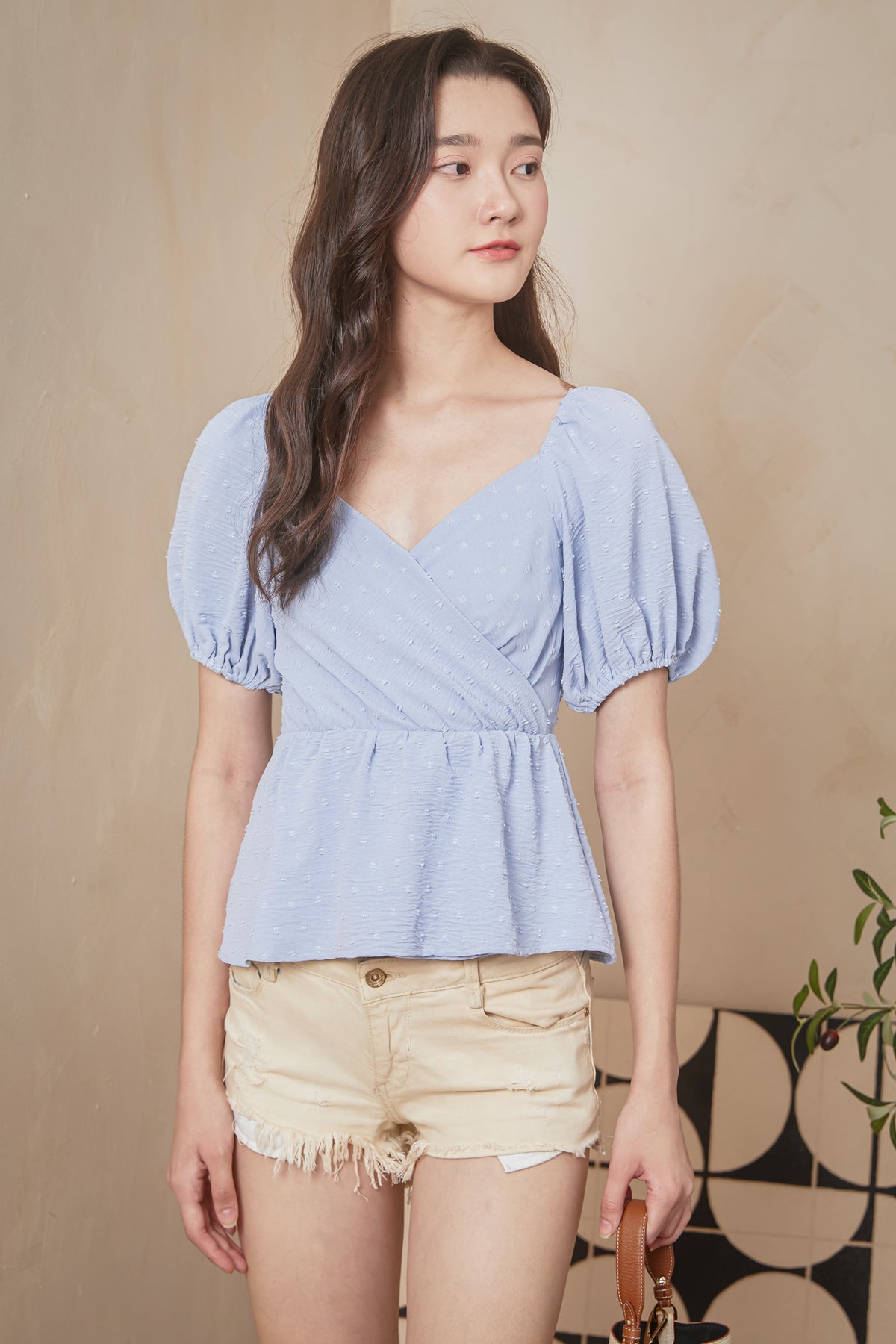 Swiss Dots Peplum Top in Sky