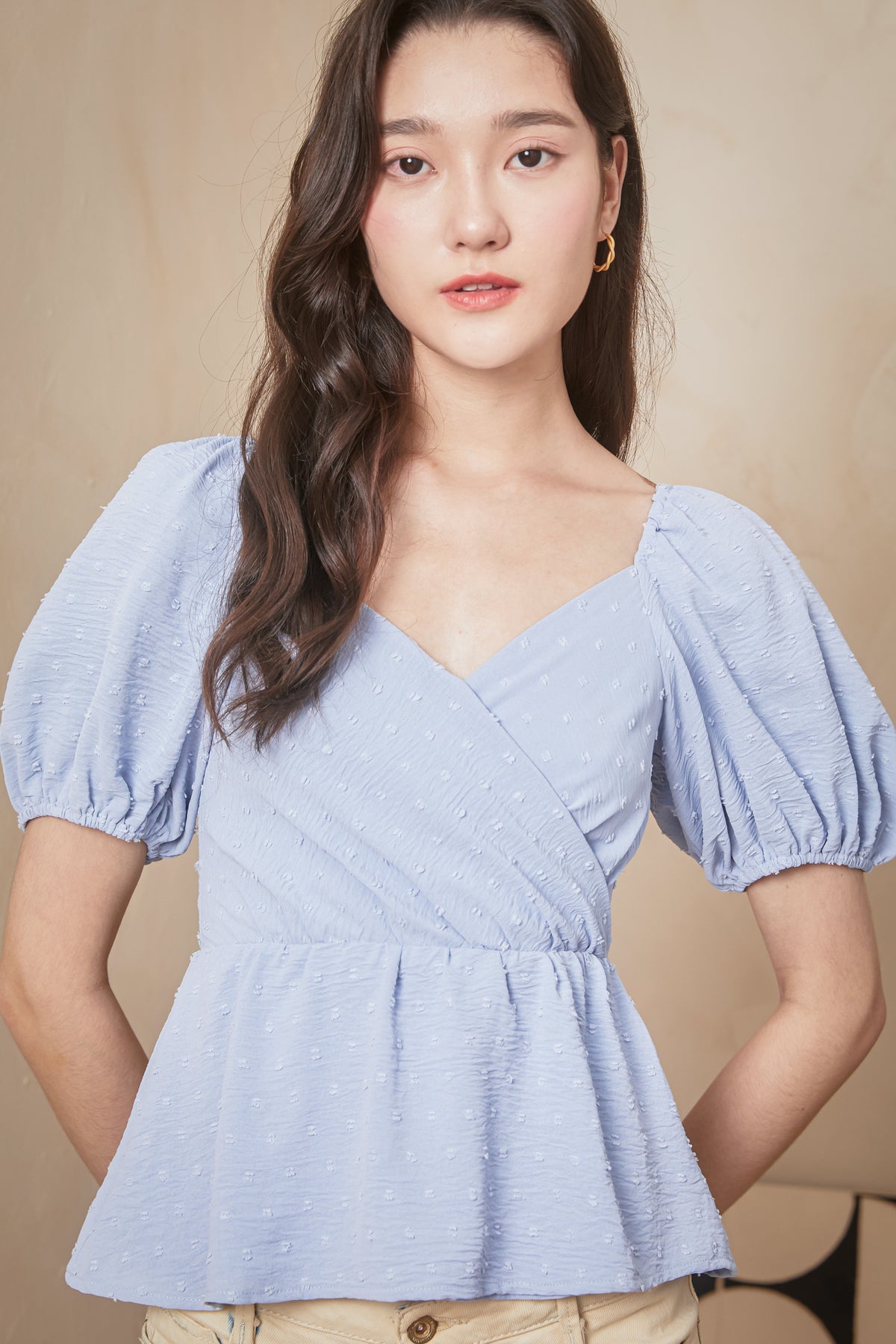 Swiss Dots Peplum Top in Sky