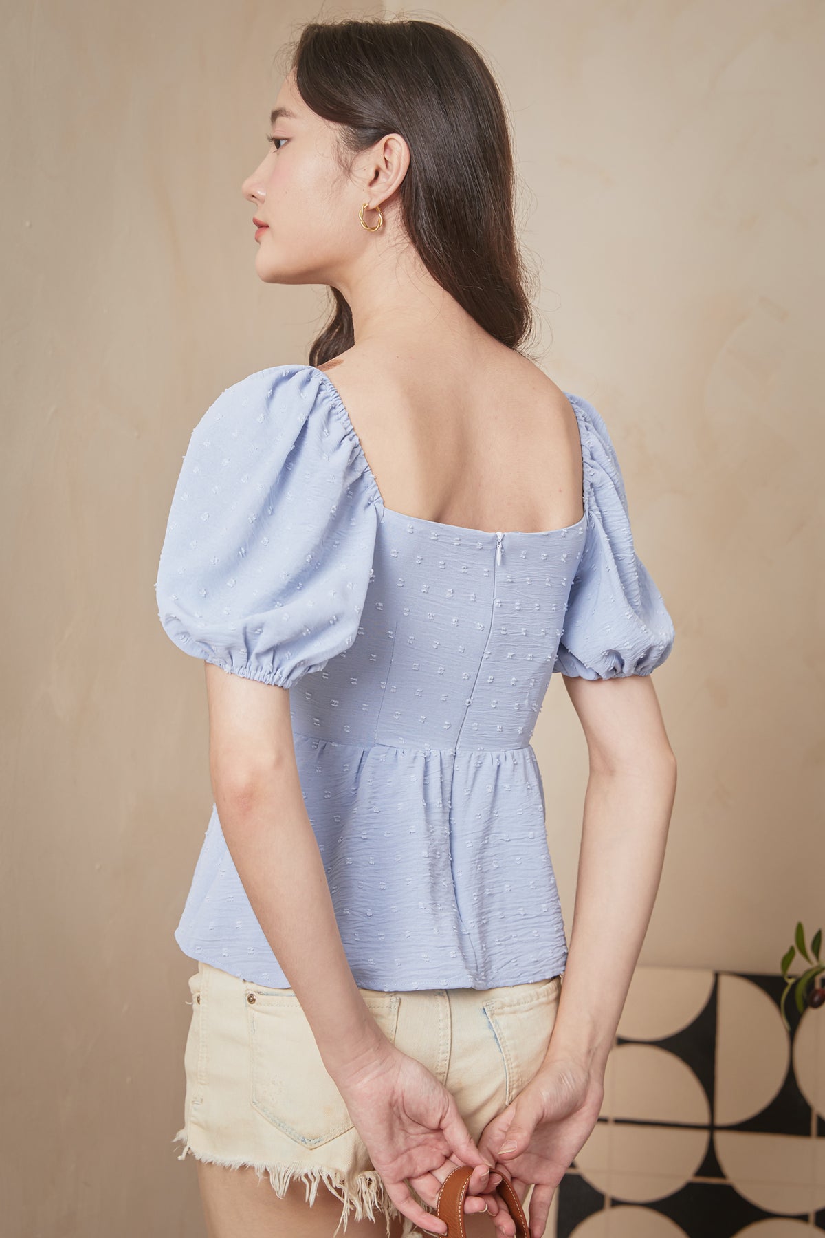 Swiss Dots Peplum Top in Sky