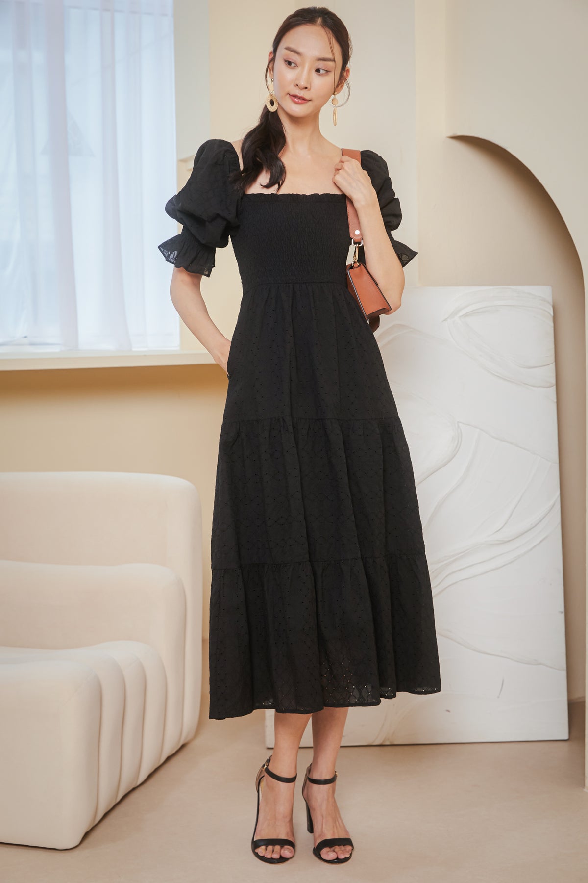 Alessia Eyelet Smocked Dress in Black