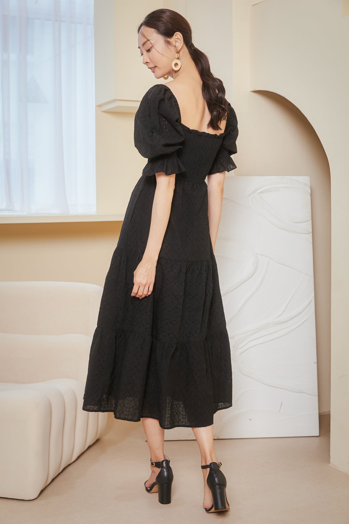 Alessia Eyelet Smocked Dress in Black