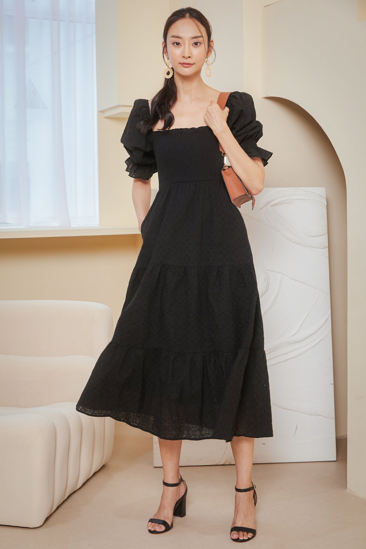 Alessia Eyelet Smocked Dress in Black