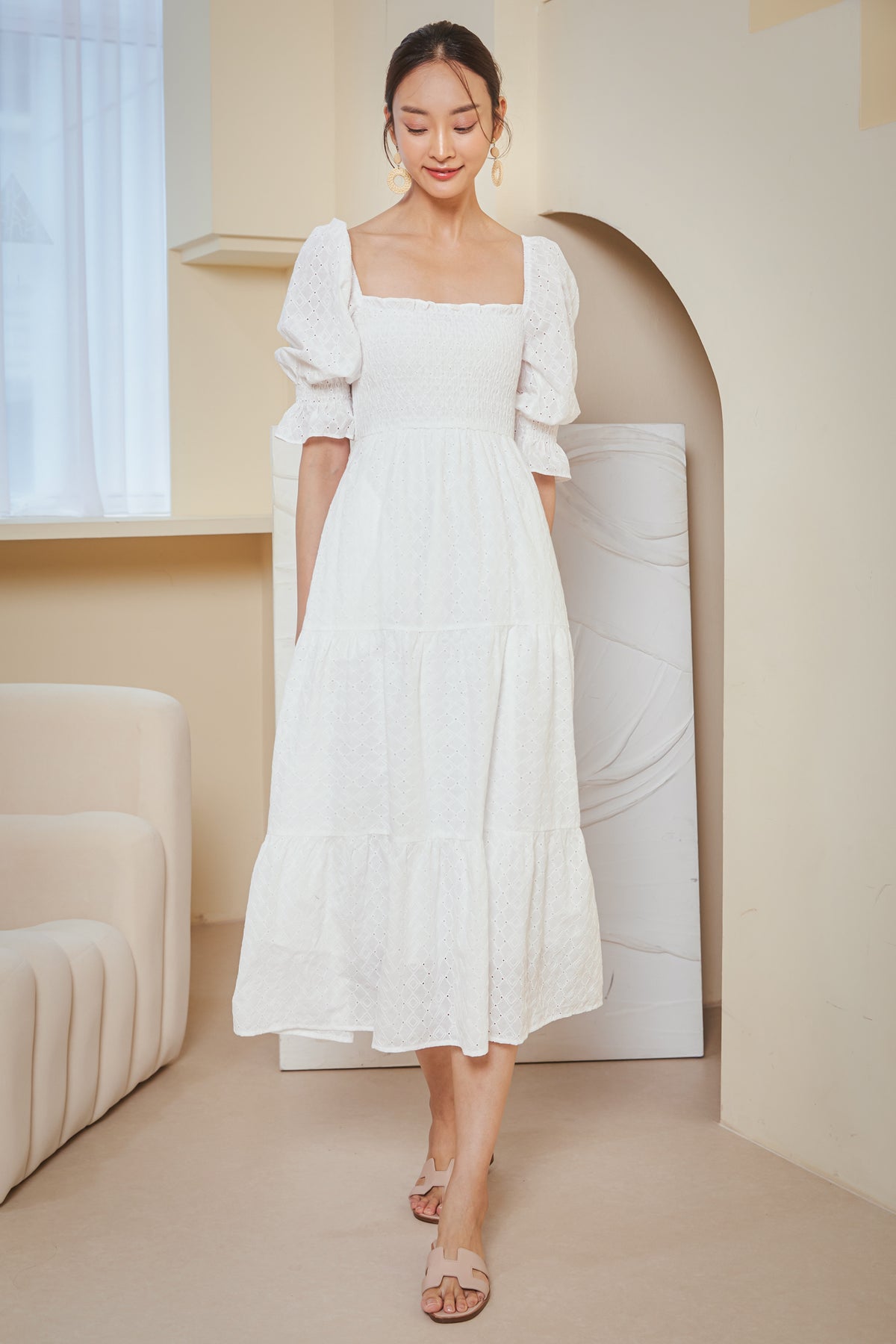 Alessia Eyelet Smocked Dress in White