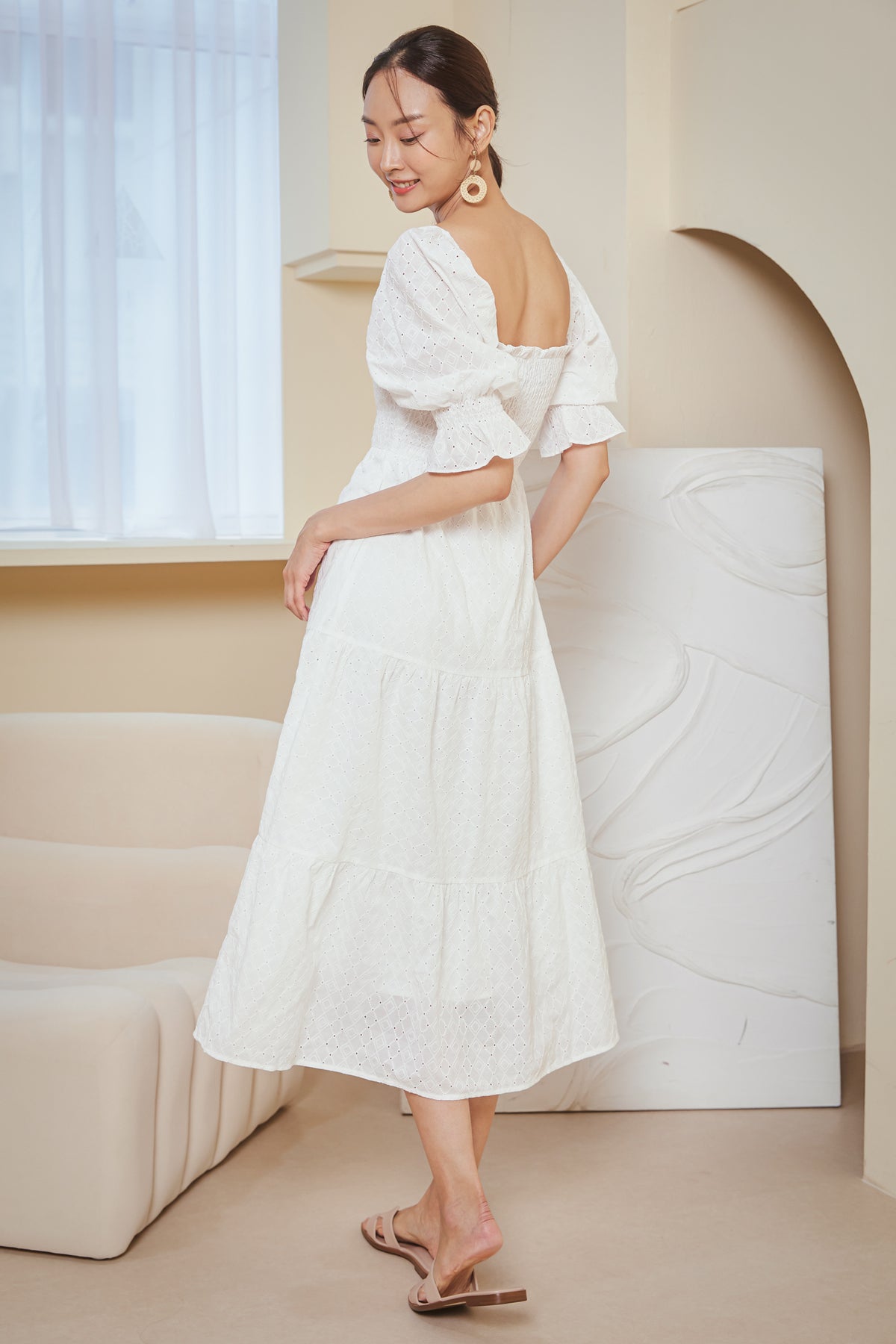 Alessia Eyelet Smocked Dress in White