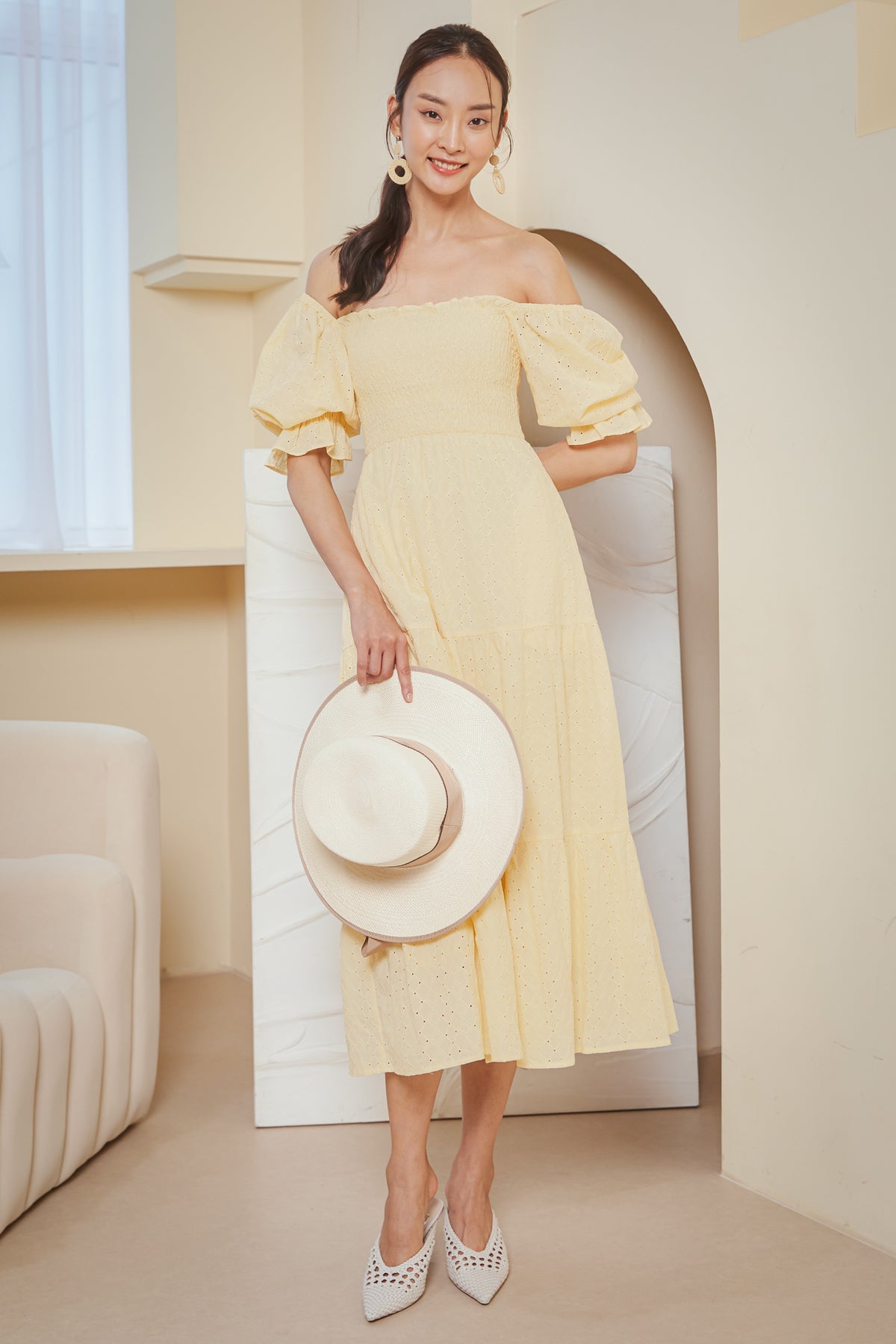 Alessia Eyelet Smocked Dress in Daffodil