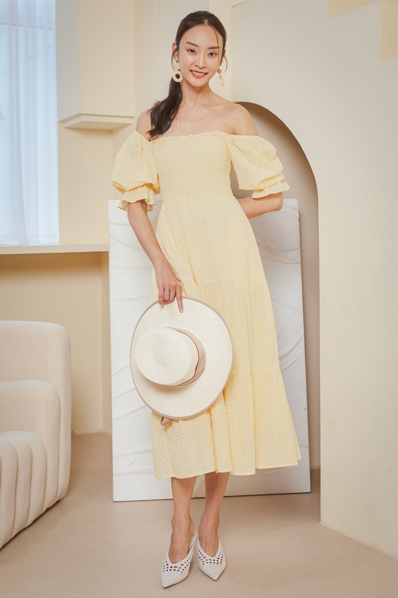 Alessia Eyelet Smocked Dress in Daffodil