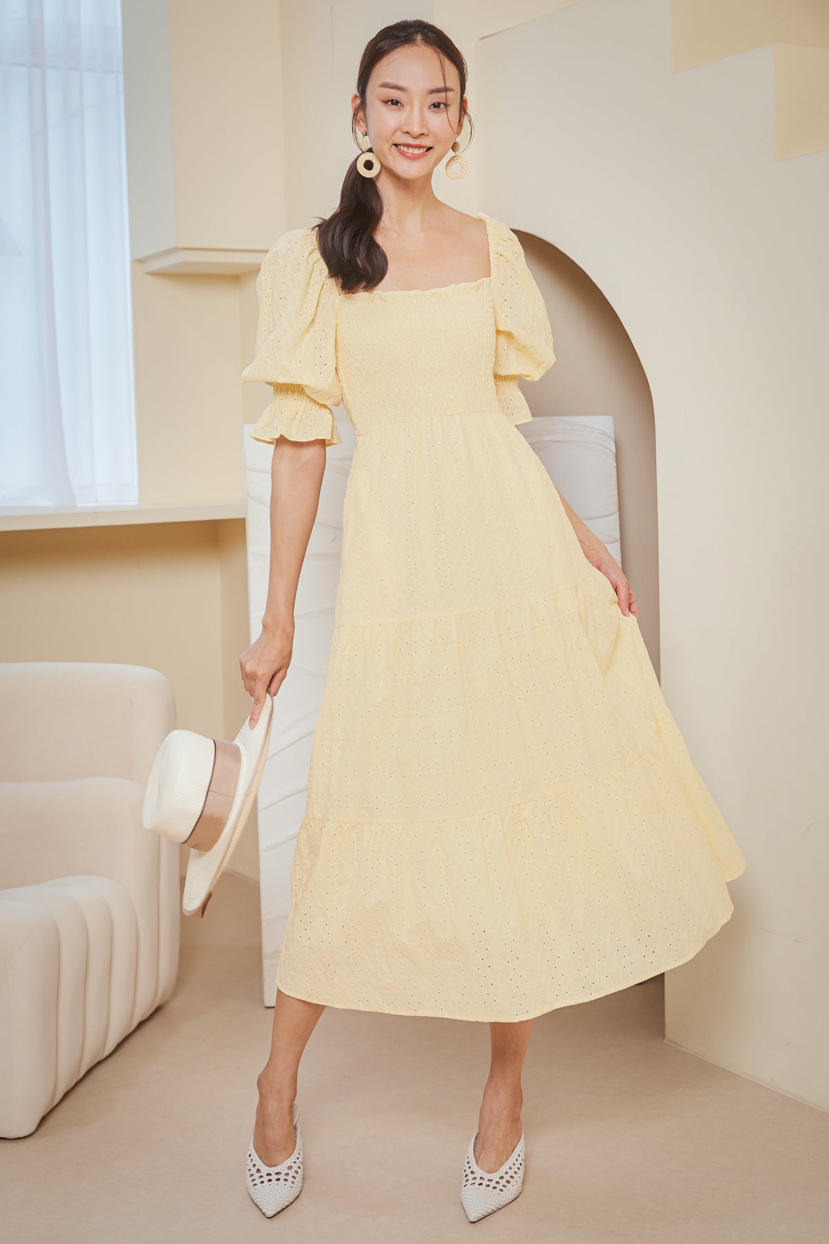 Alessia Eyelet Smocked Dress in Daffodil
