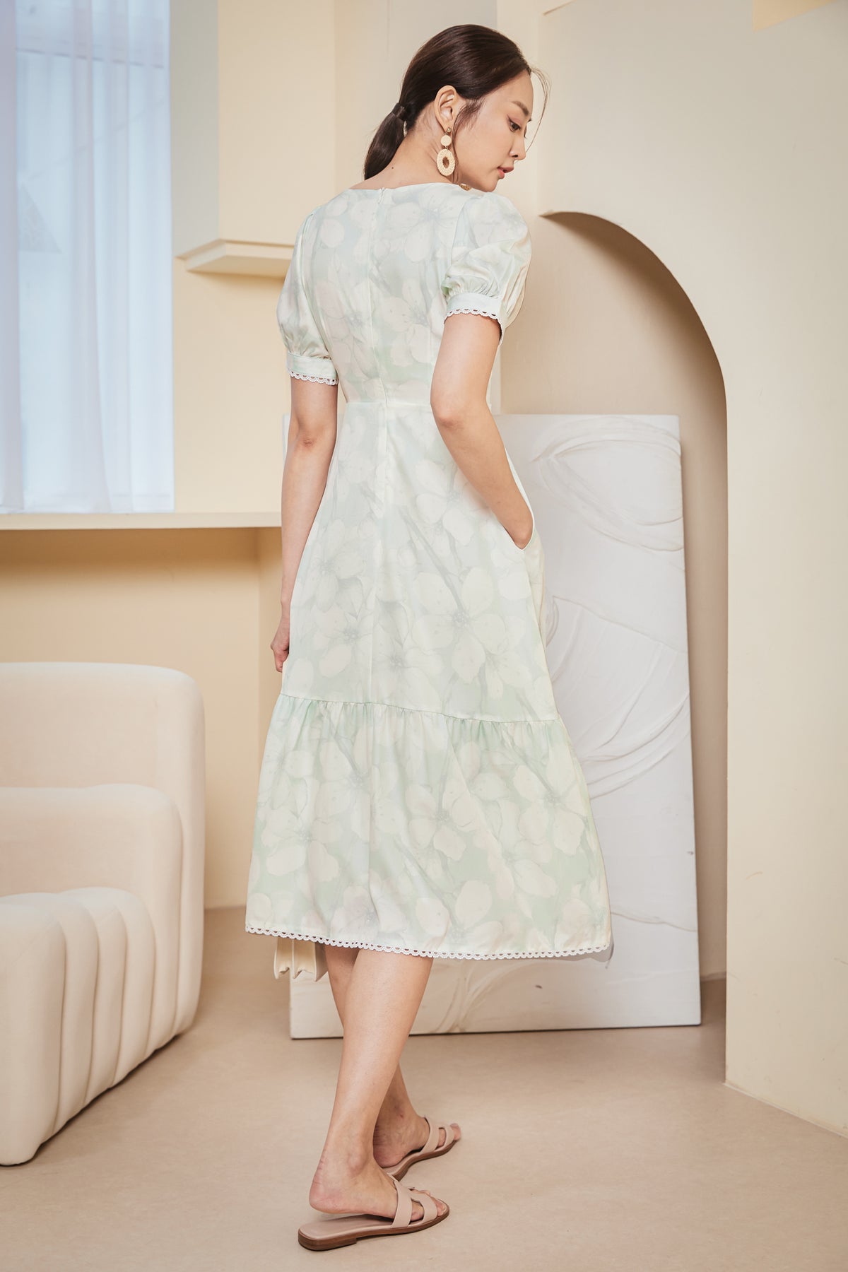 Gracia Lace Trim Floral Midi Dress in Sage