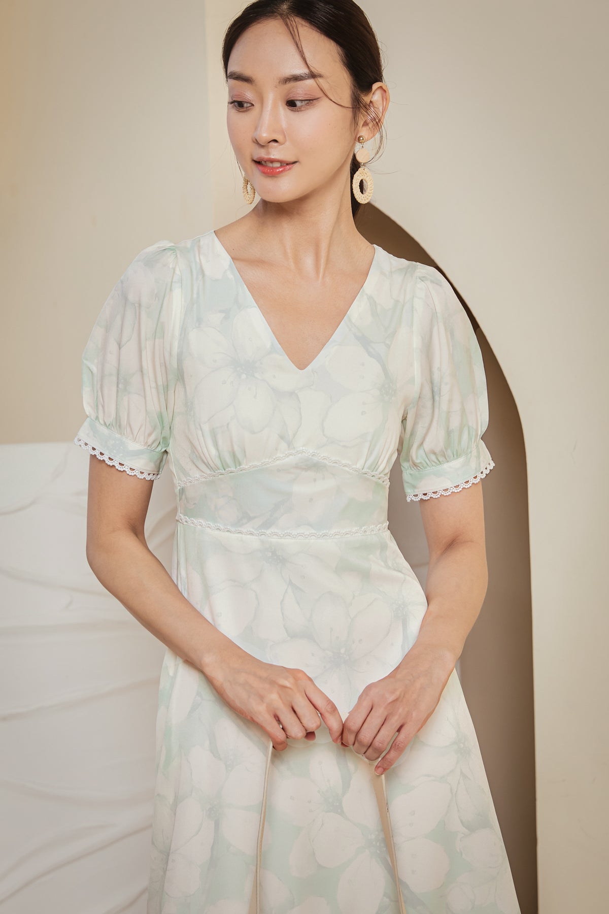 Gracia Lace Trim Floral Midi Dress in Sage