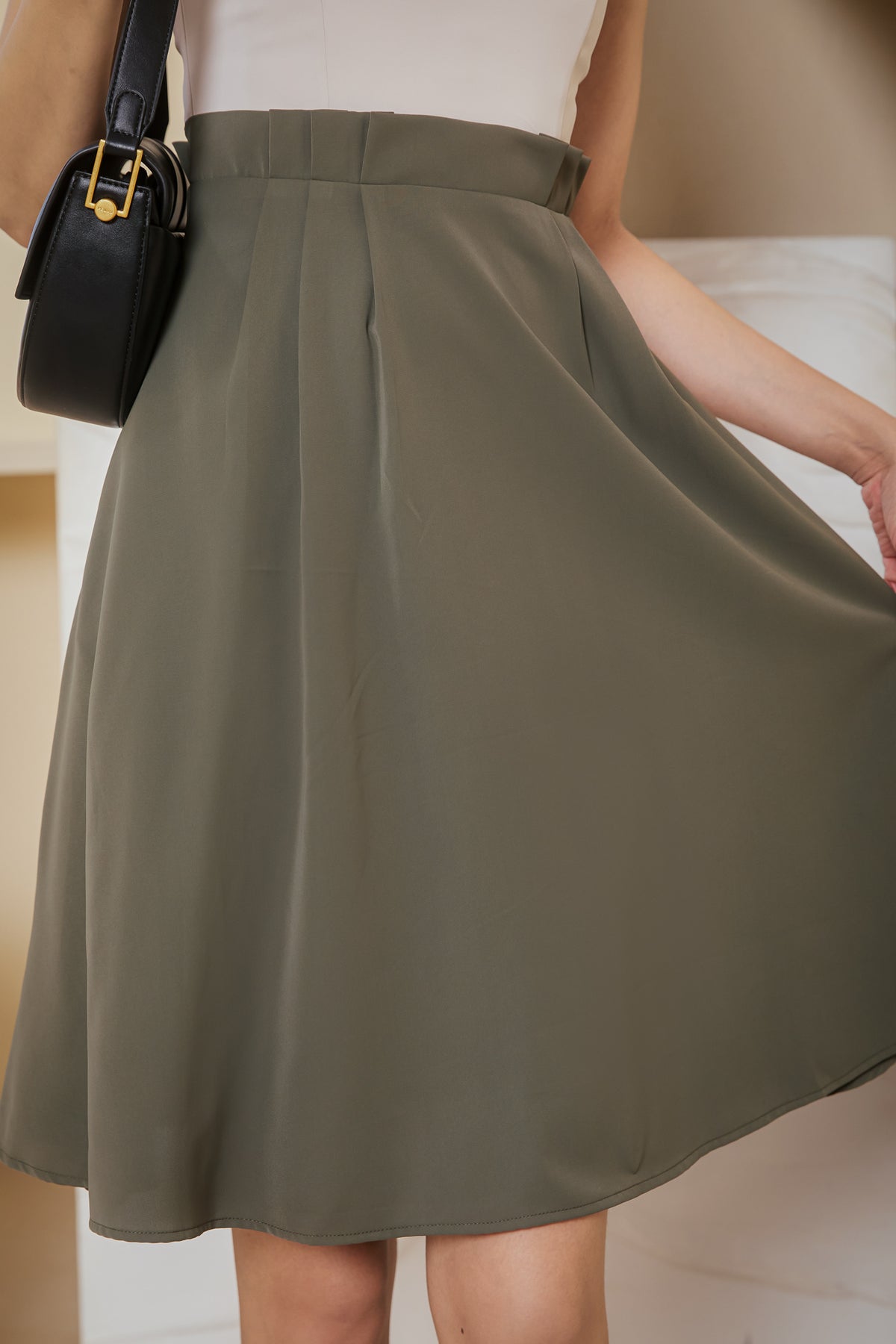 Two-Tone Paperbag Dress in Sand Olive