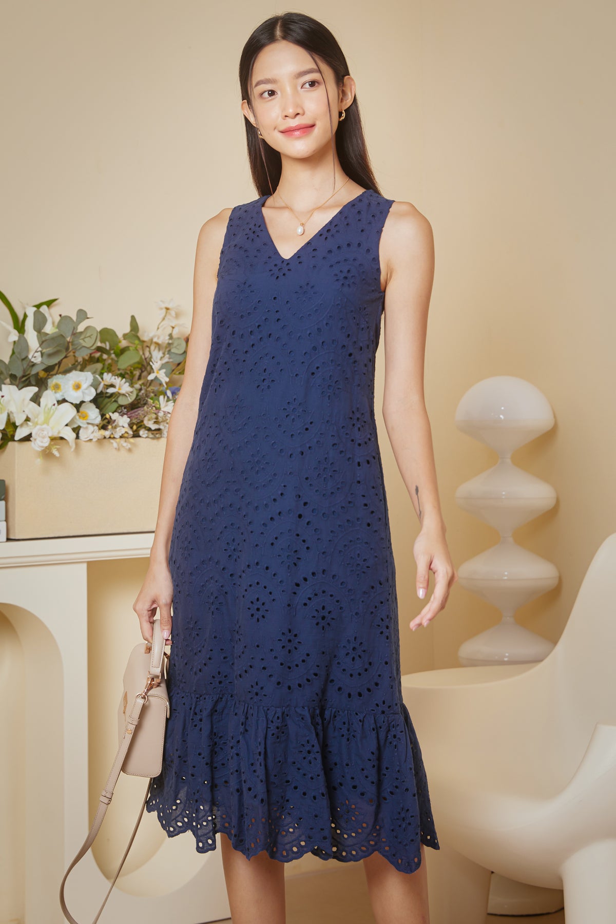 Erin Eyelet Drophem Dress in Navy