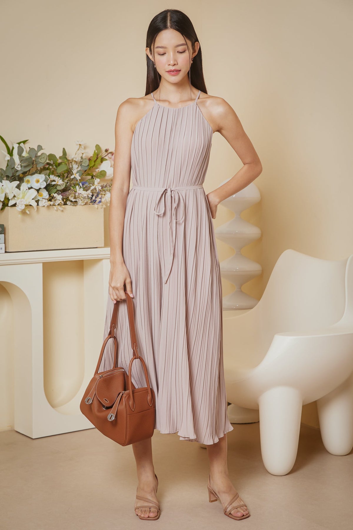 Backorder* Tanya Pleated Cut-In Jumpsuit in Nude
