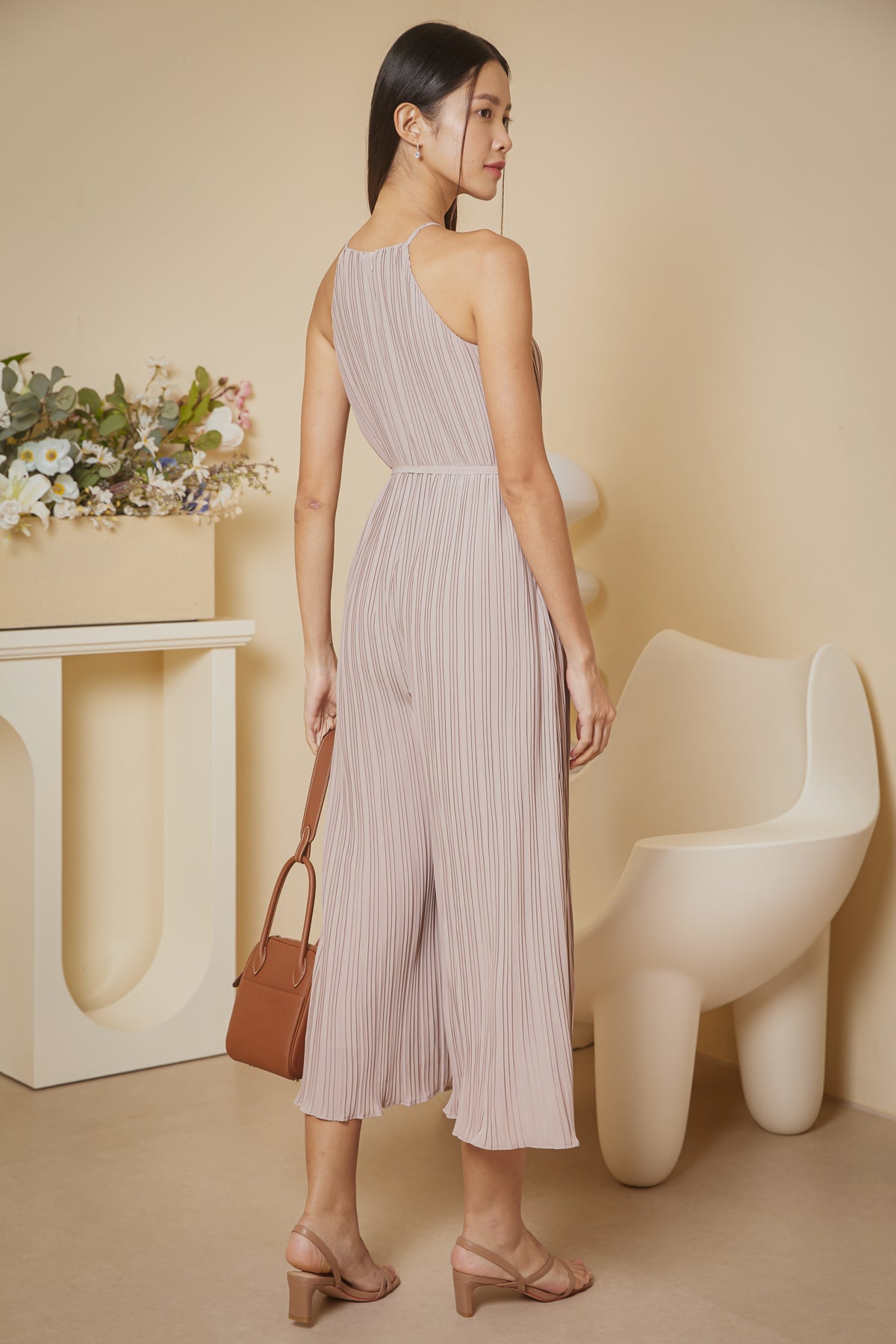 Tanya Pleated Cut-In Jumpsuit in Nude