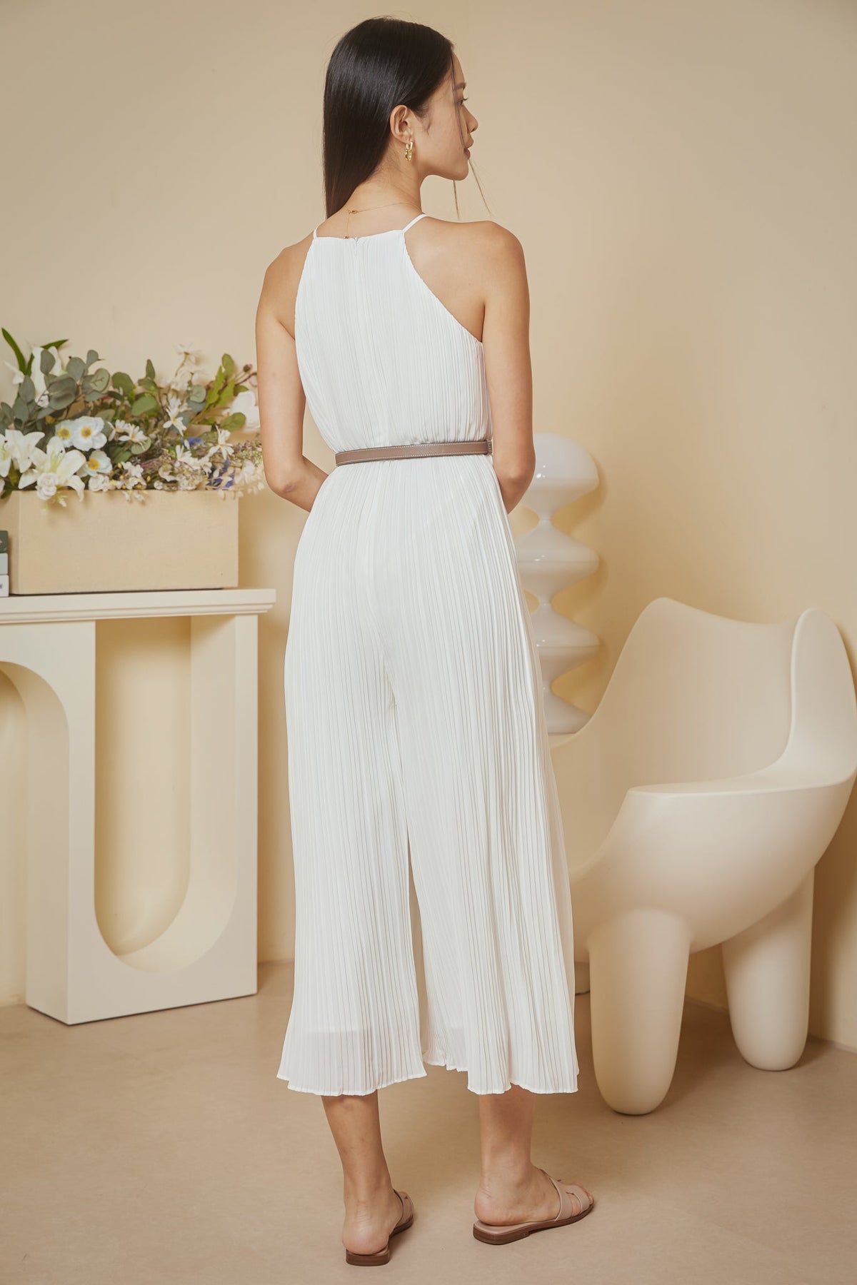 Backorder* Tanya Pleated Cut-In Jumpsuit in White