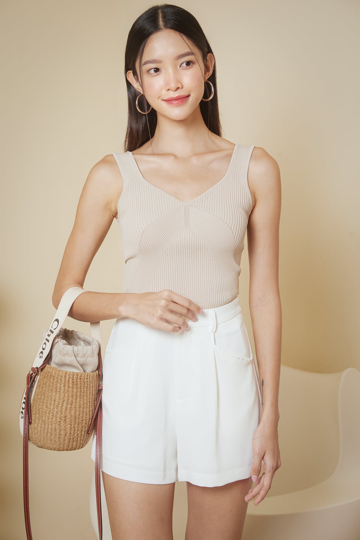 Two-Way Ribbed Knit Top in Beige