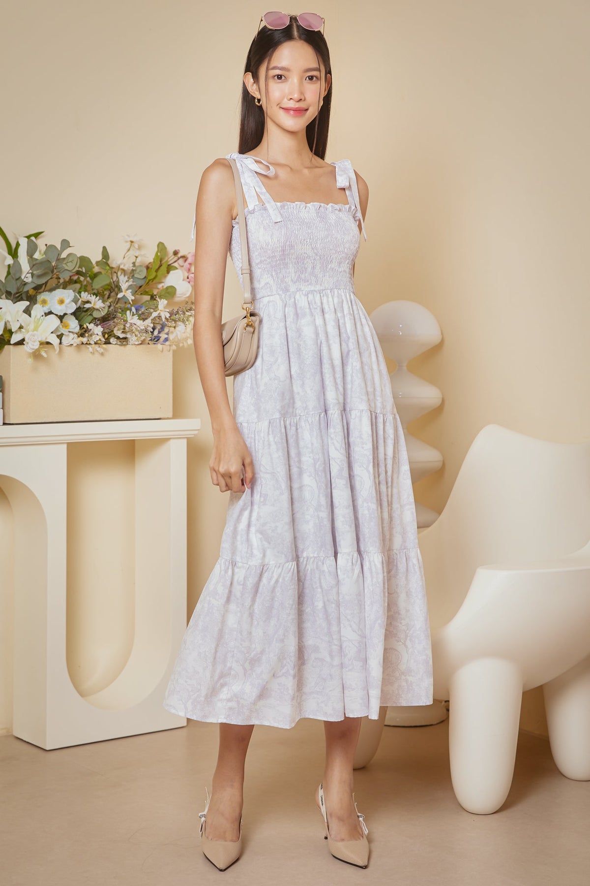 Restocked* Riviera Tie-Strap Smocked Dress in Lilac Grey