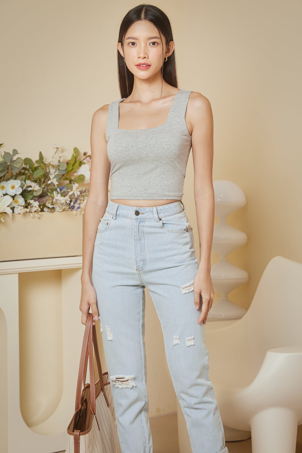 Padded Cropped Tank in Grey