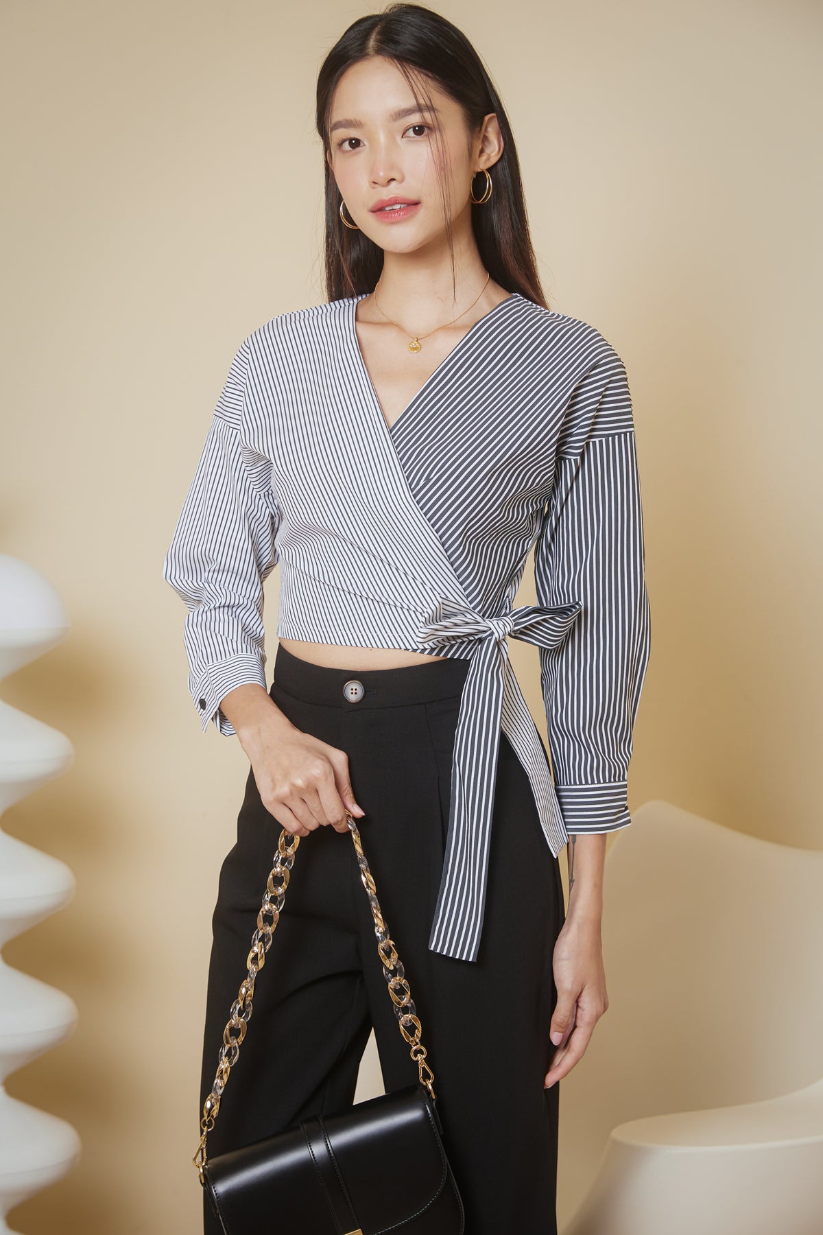Duo-Tone Striped Sleeved Wrap Top in Black