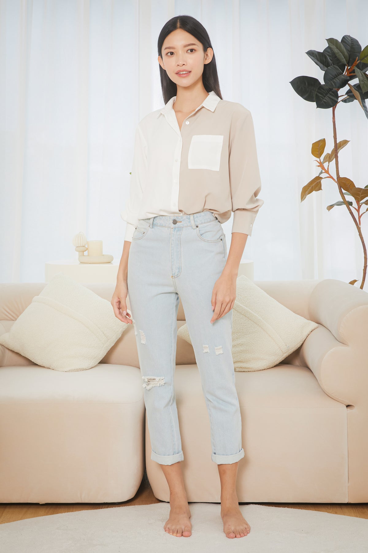 Contrast Pocket Shirt in White Khaki