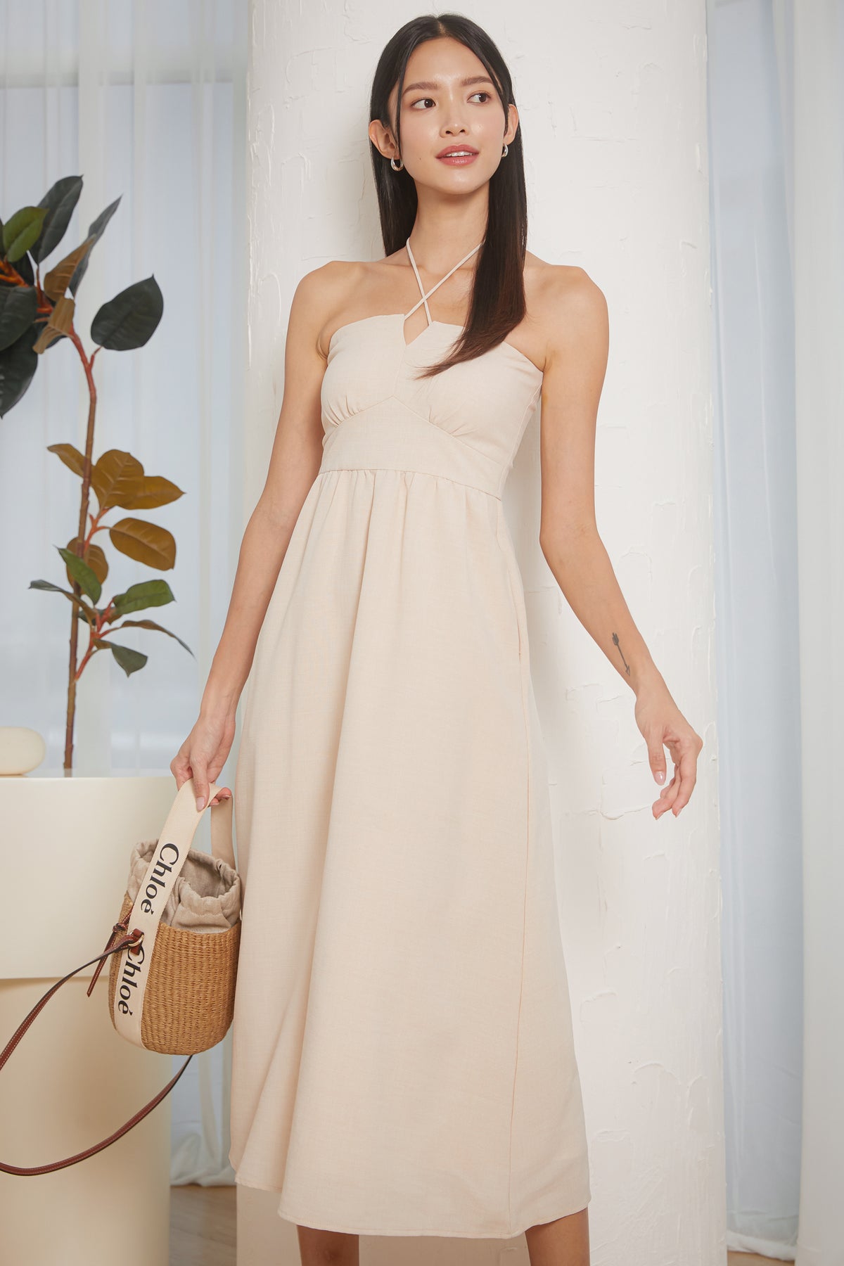 Sasha Halter Midi Dress in Sand