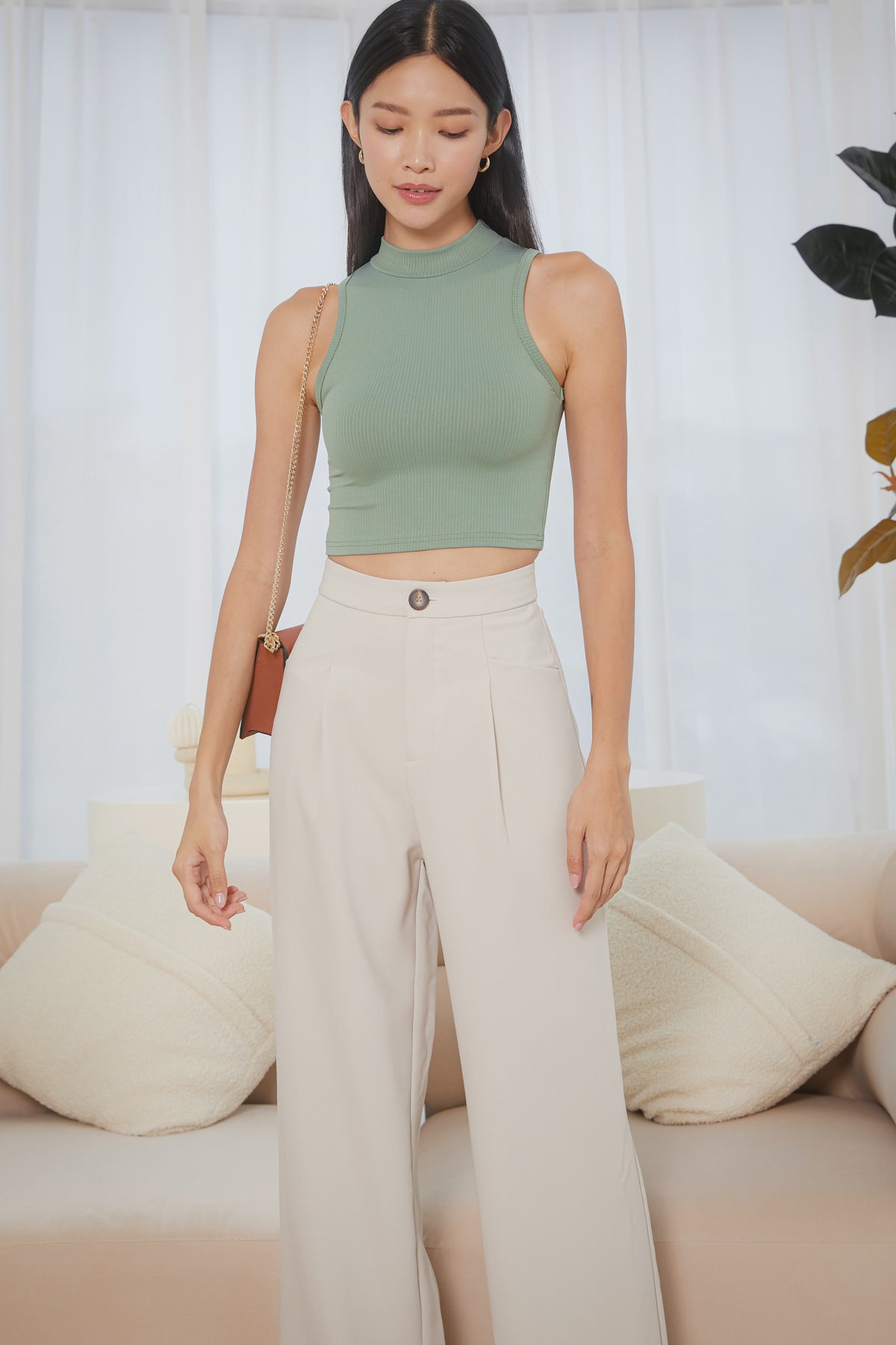 High-Neck Ribbed Top in Sage