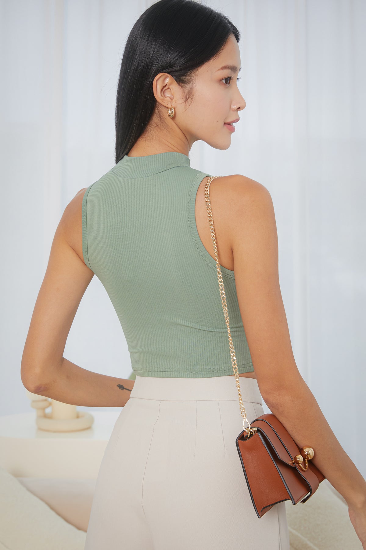 High-Neck Ribbed Top in Sage