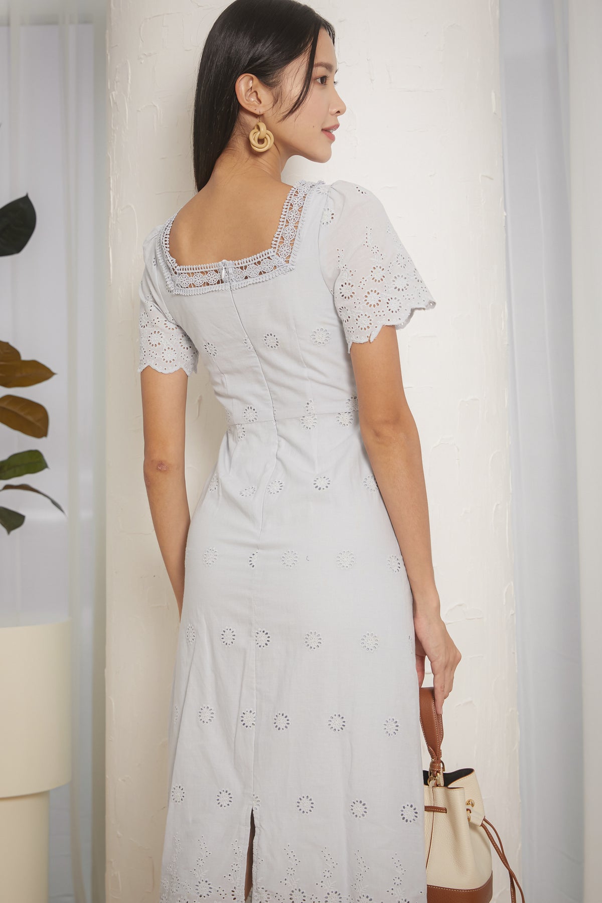 Beatrice Crochet Eyelet Midi Dress in Pastel Blue