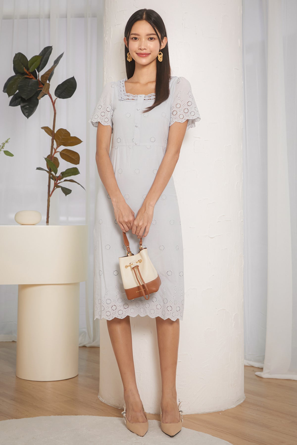 Beatrice Crochet Eyelet Midi Dress in Pastel Blue