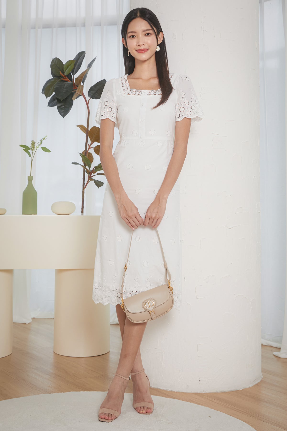 Beatrice Crochet Eyelet Midi Dress in White