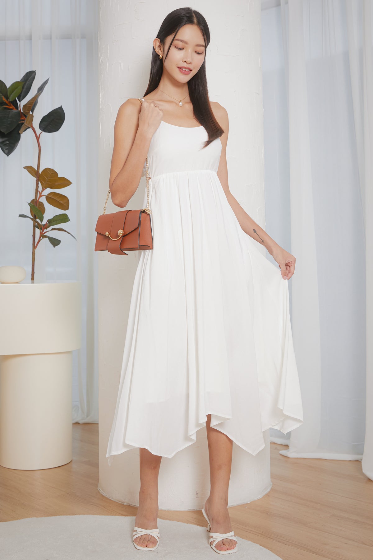 Padded Tie-Back Asymmetrical Dress in White