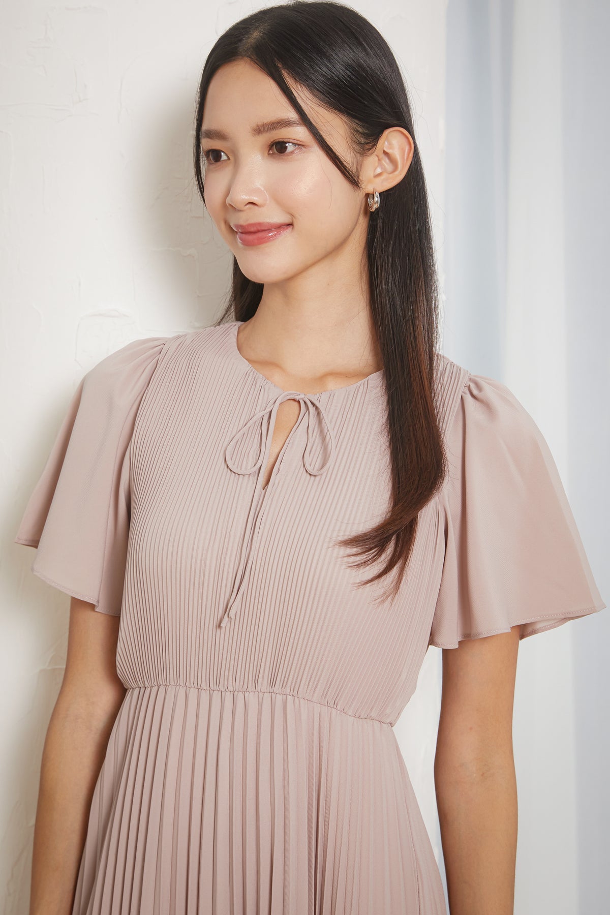 Carla Pleated Flutter Sleeves Dress in Nude