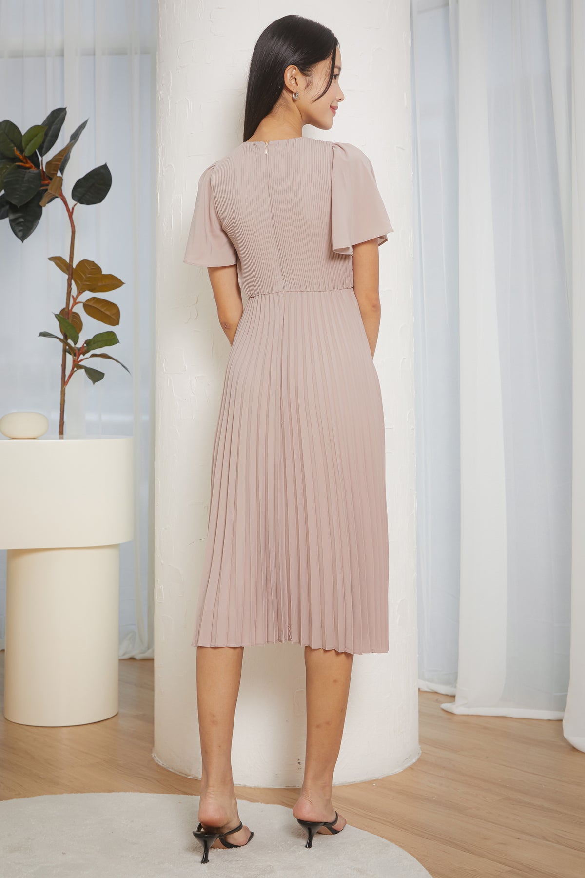 Carla Pleated Flutter Sleeves Dress in Nude