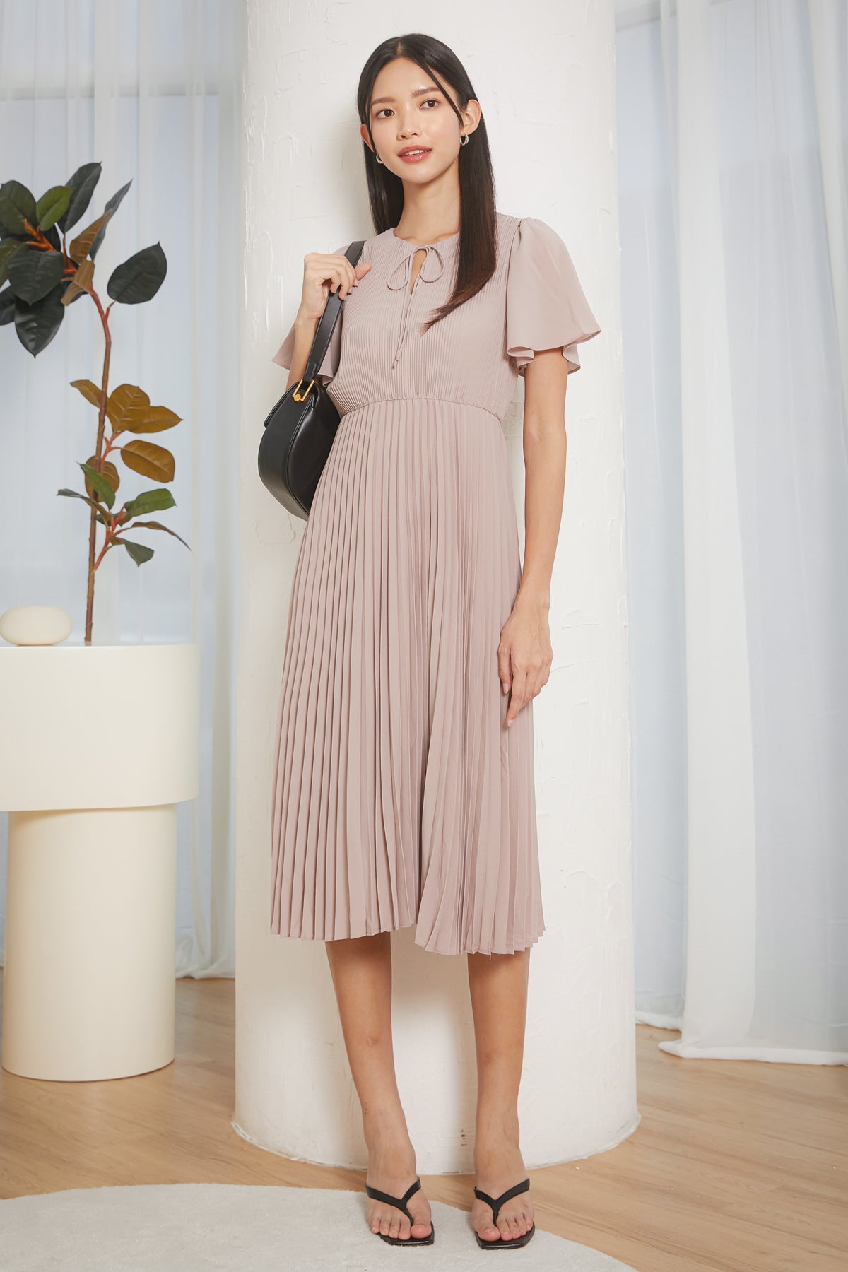 Carla Pleated Flutter Sleeves Dress in Nude