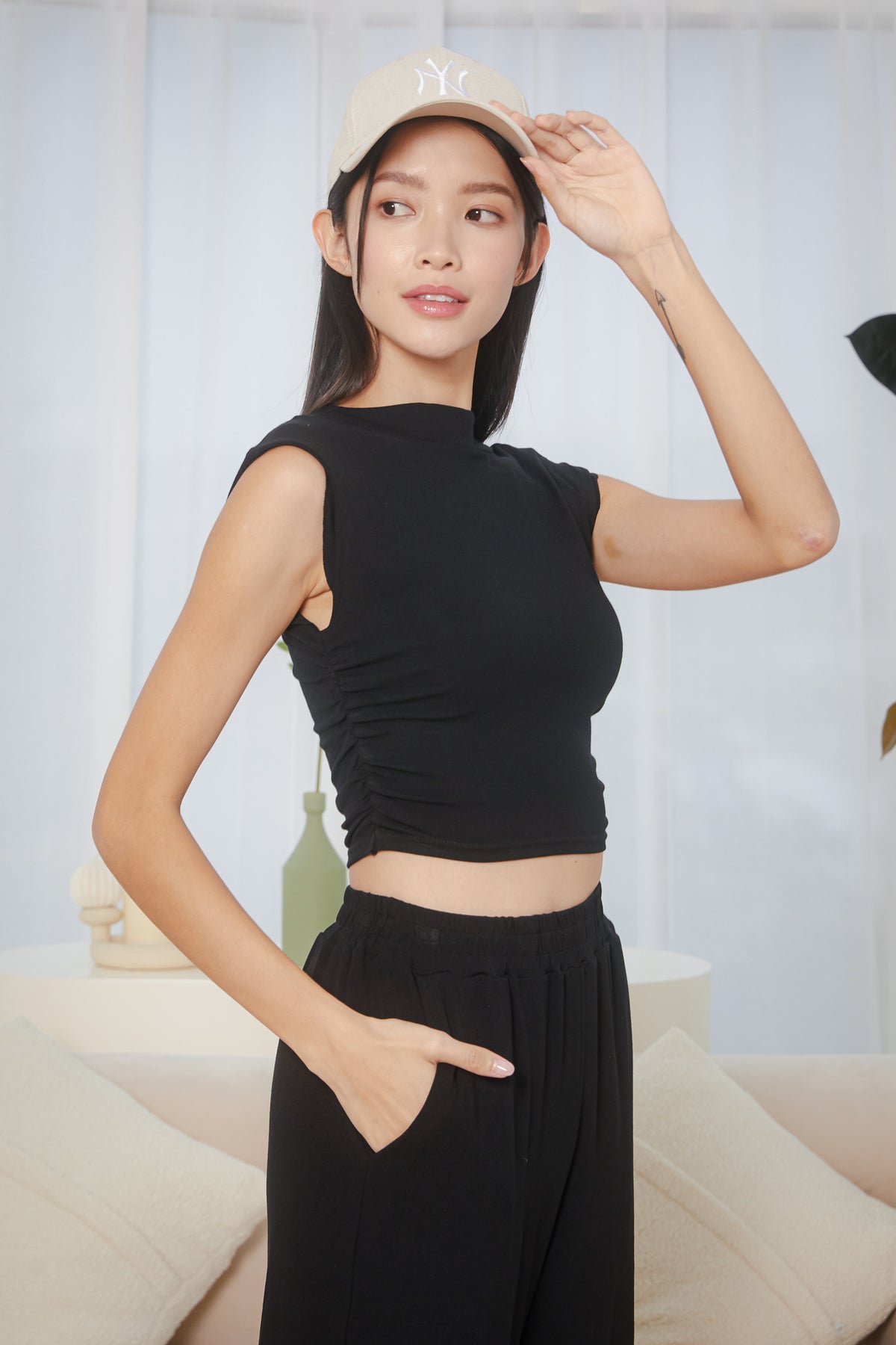 Ruched Sides Muscle Top in Black