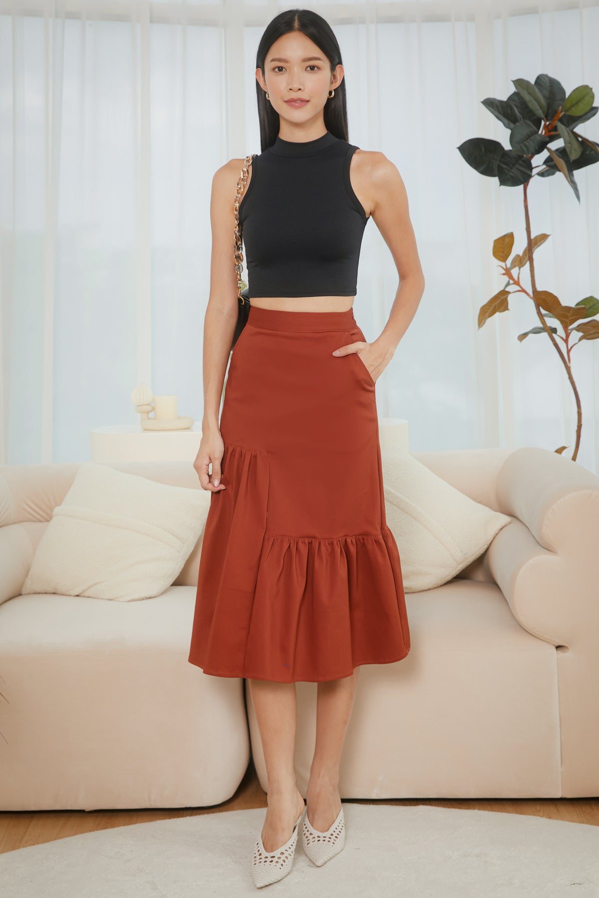 Kate Asymmetric Midi Skirt in Burnt Orange
